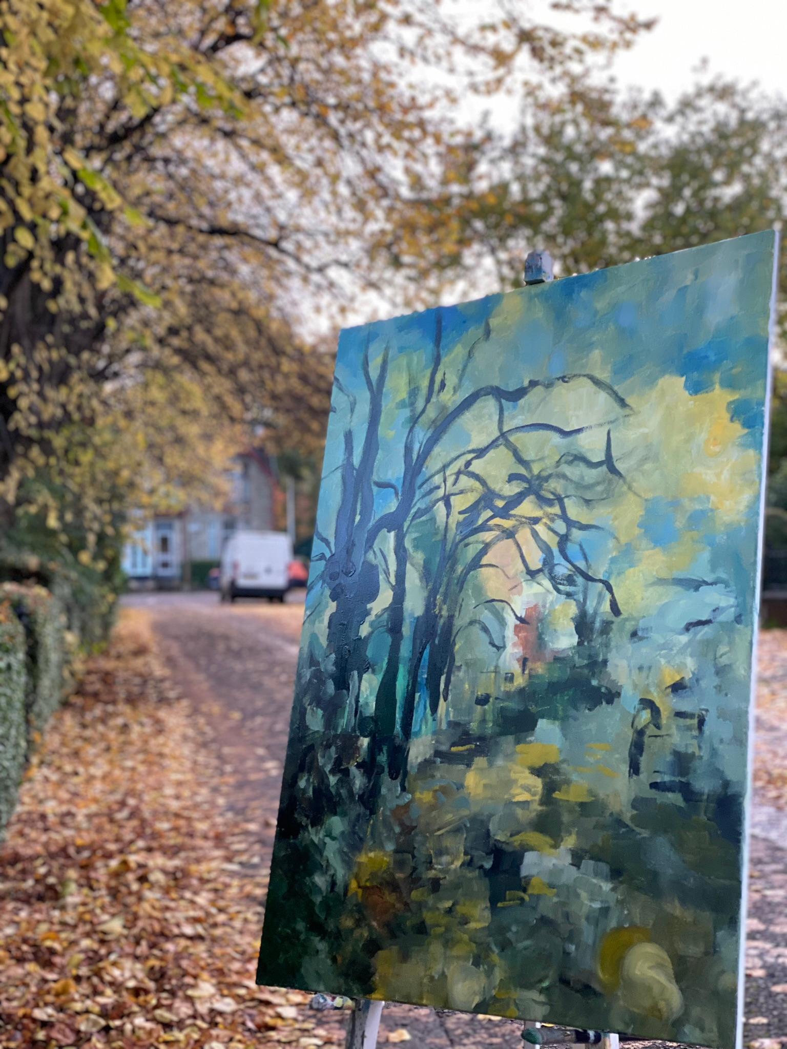 Serie original de otoño-plein air-Artista británico premiado-Oleo grande-Impresionista - Landscape Painting Gris de Shizico Yi