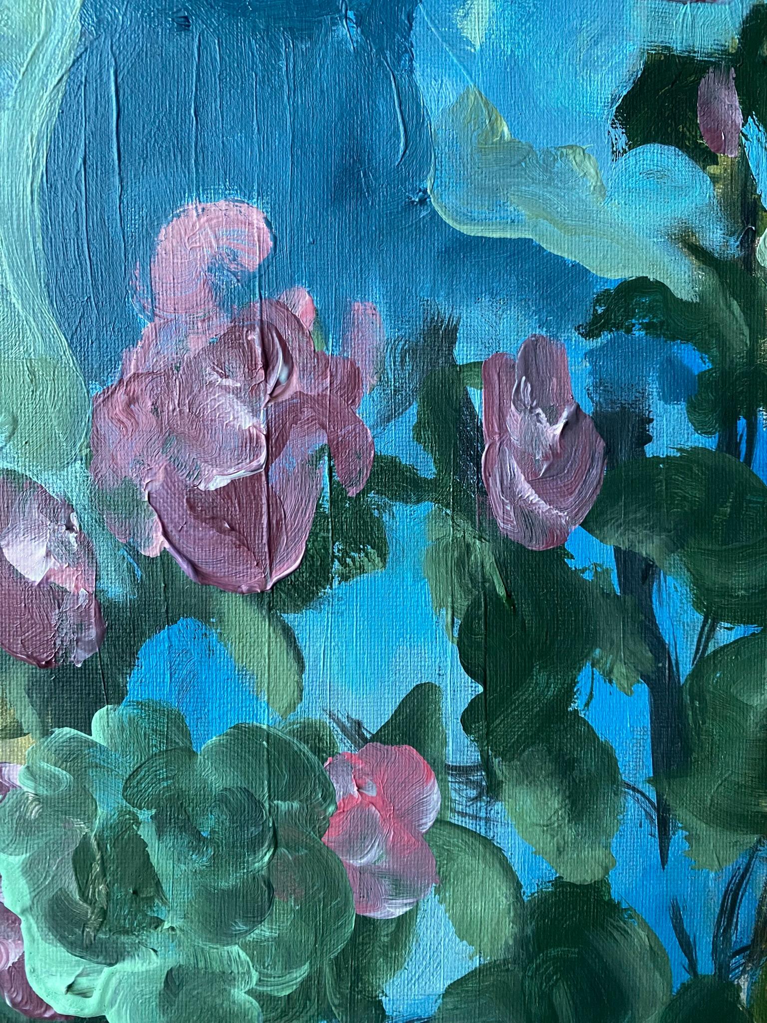 Original-Breakfast with Cat-British Awarded Artist-British School-English Roses - Abstract Impressionist Painting by Shizico Yi