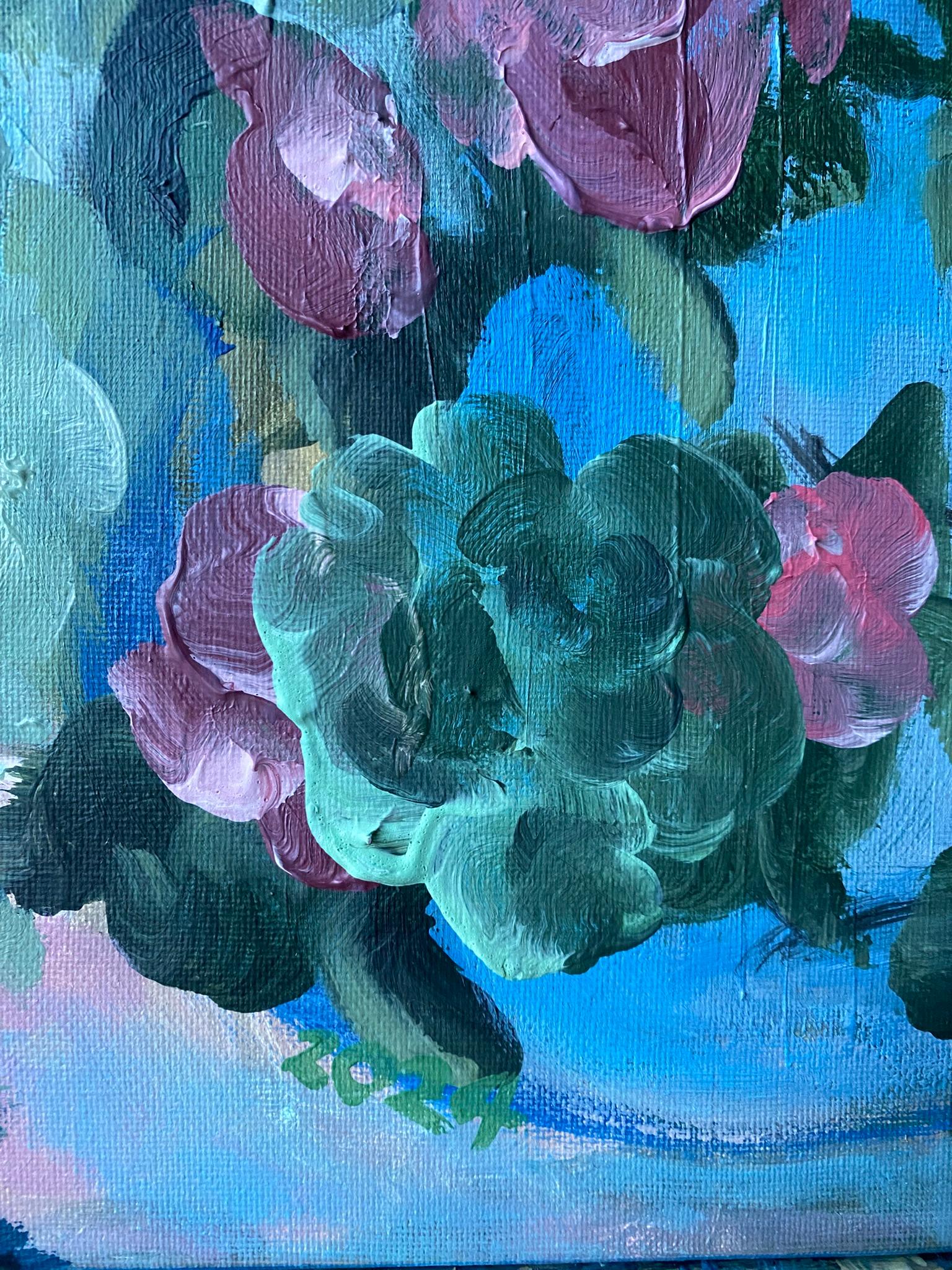 Original-Breakfast with Cat-British Awarded Artist-British School-English Roses - Blue Animal Painting by Shizico Yi