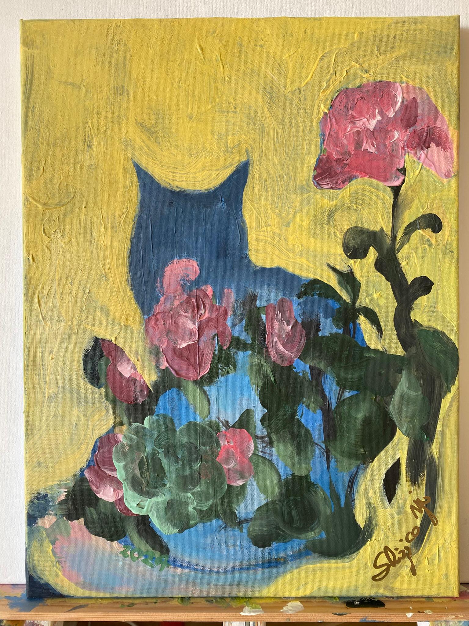 Originale-Colazione con gatto-Olio su tela-Artista britannico premiato-Rose inglesi in vendita 6