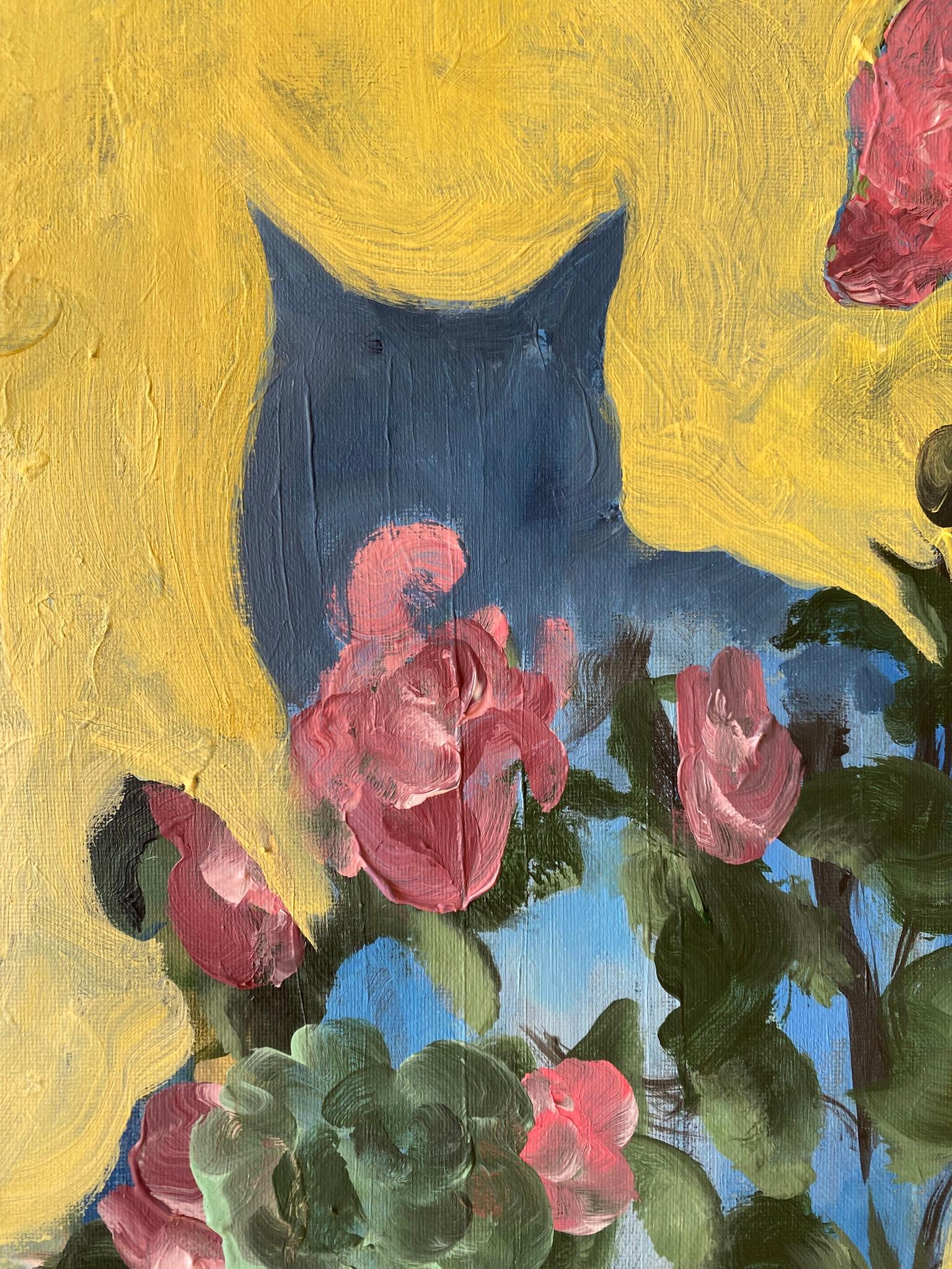 Originale-Colazione con gatto-Olio su tela-Artista britannico premiato-Rose inglesi - Painting Surrealismo di Shizico Yi