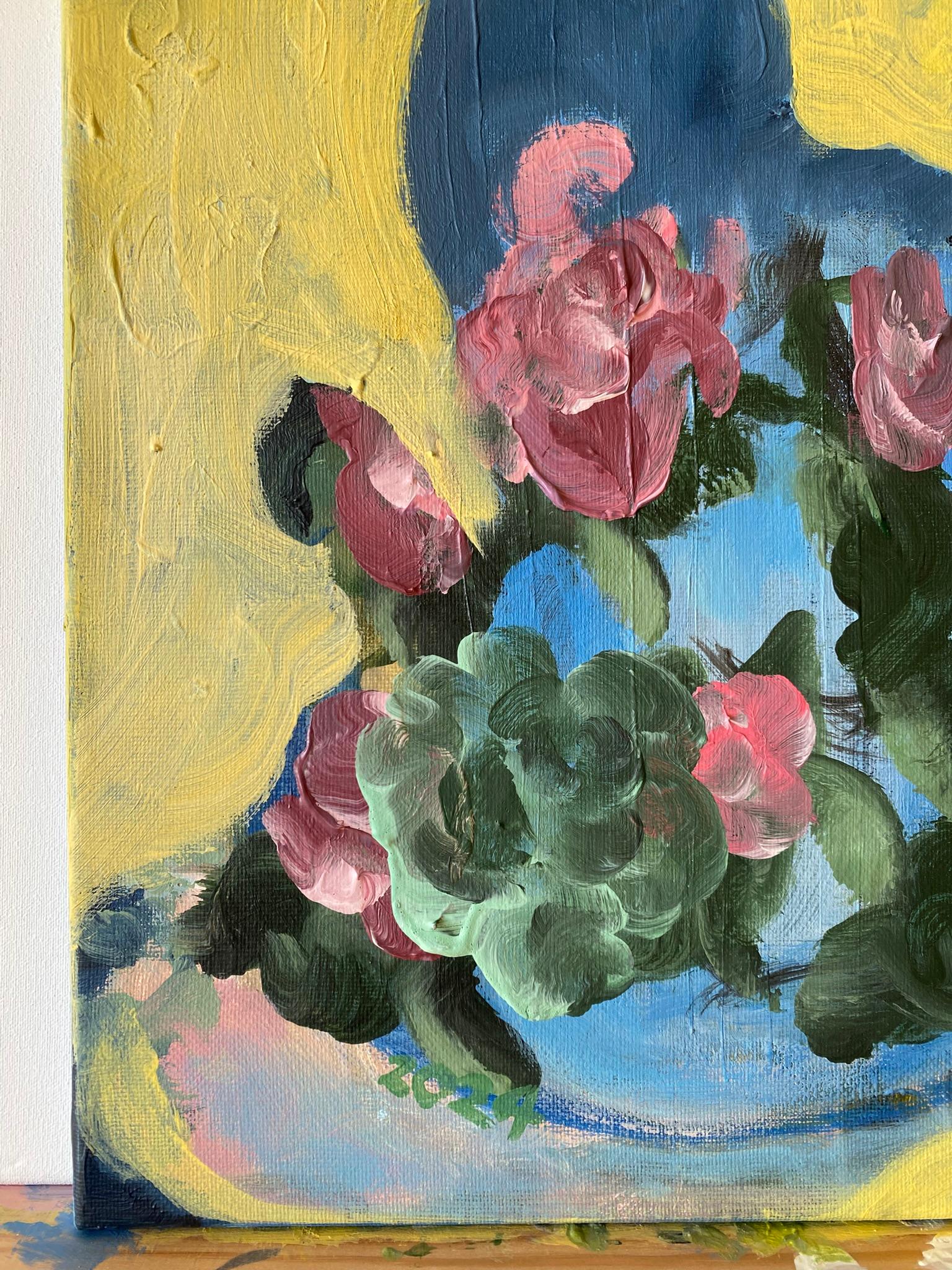 Originale-Colazione con gatto-Olio su tela-Artista britannico premiato-Rose inglesi - Animal Painting Marrone di Shizico Yi