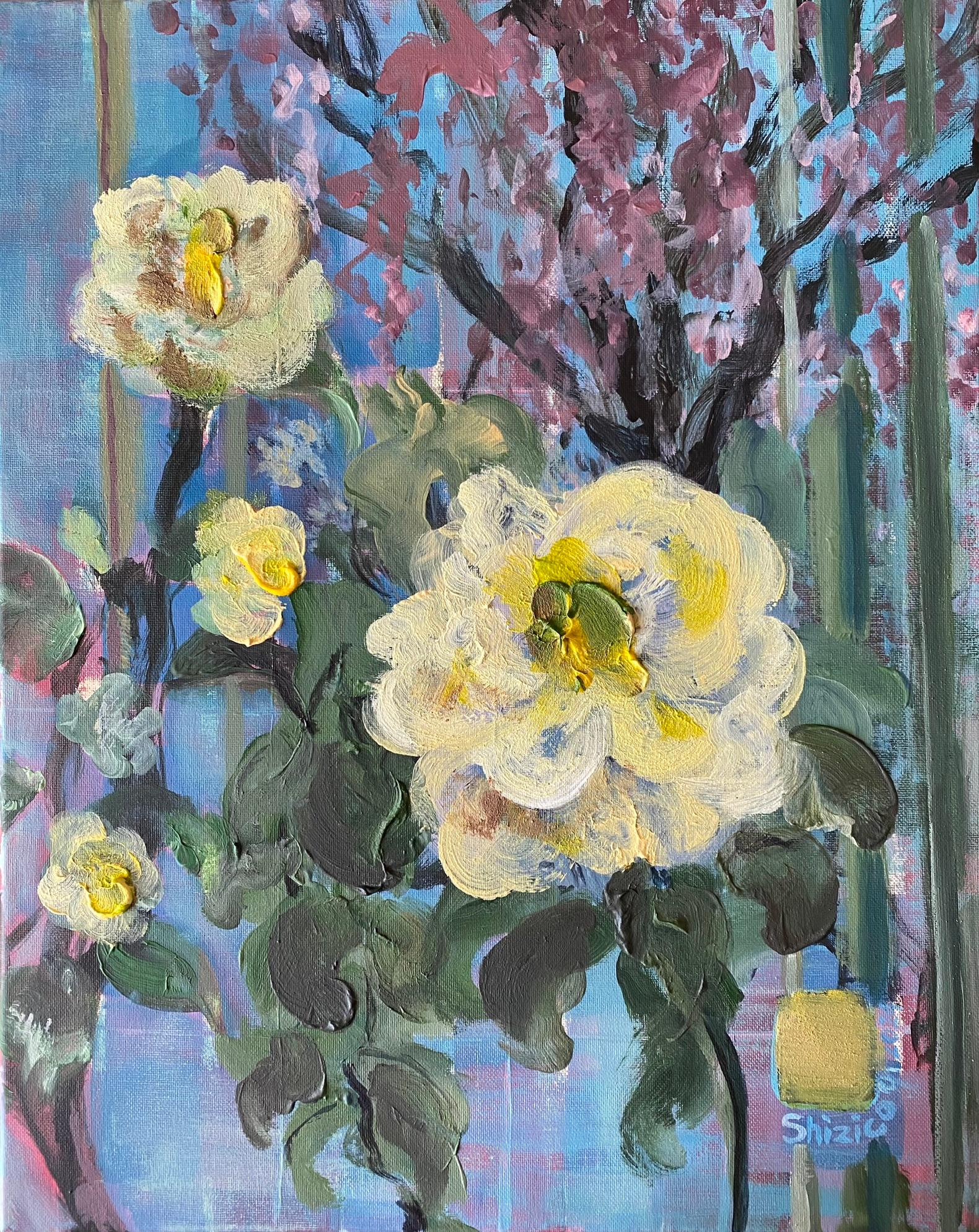 Shizico Yi Abstract Painting – Original-CamelliasPink WillowTree-Abstract-Weaver-feat.Tartan-UK ausgezeichneter Künstler