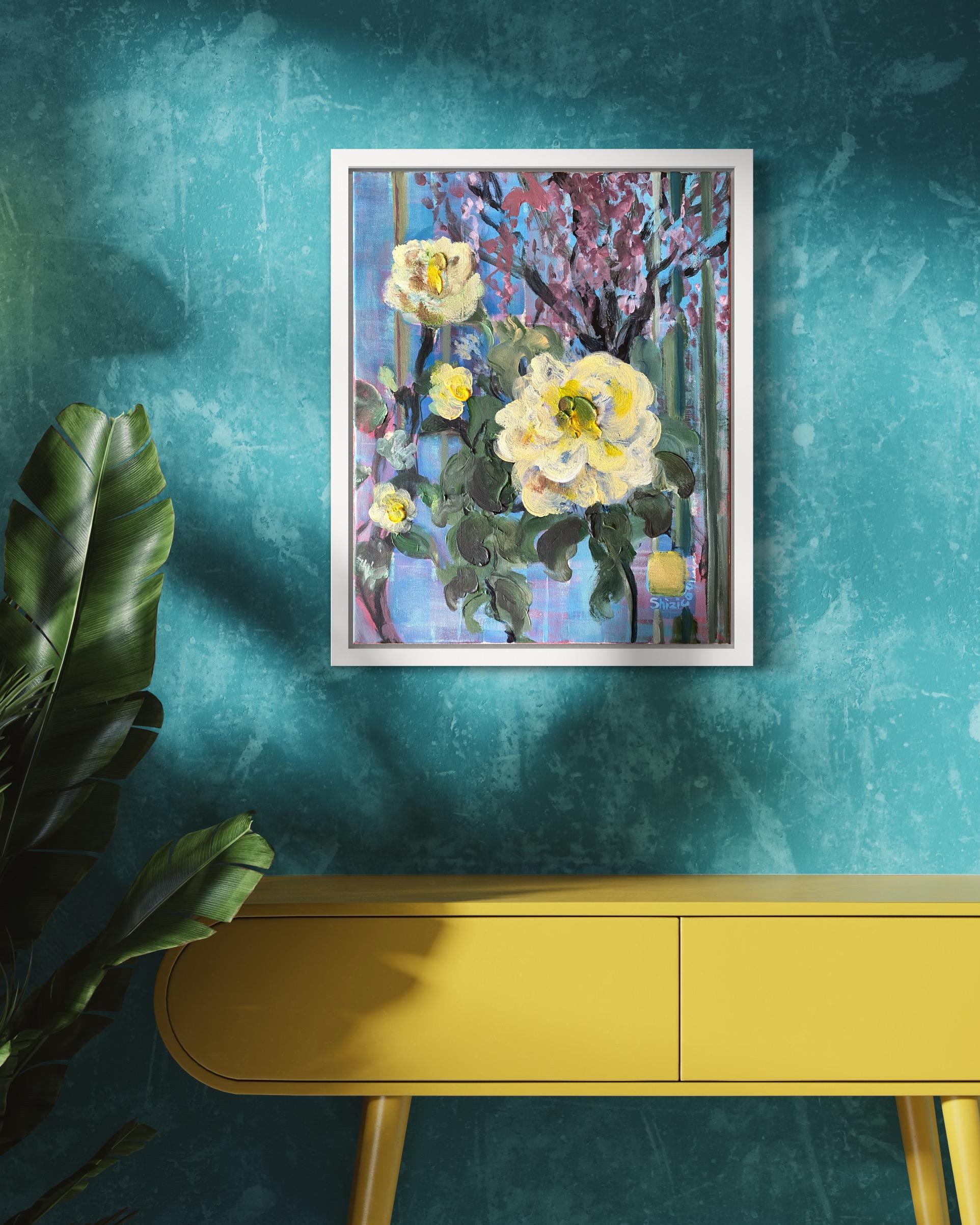 Original-Camellias Willow Tree-British Awarded Artist-exhibition collection-Oil - Gray Abstract Painting by Shizico Yi