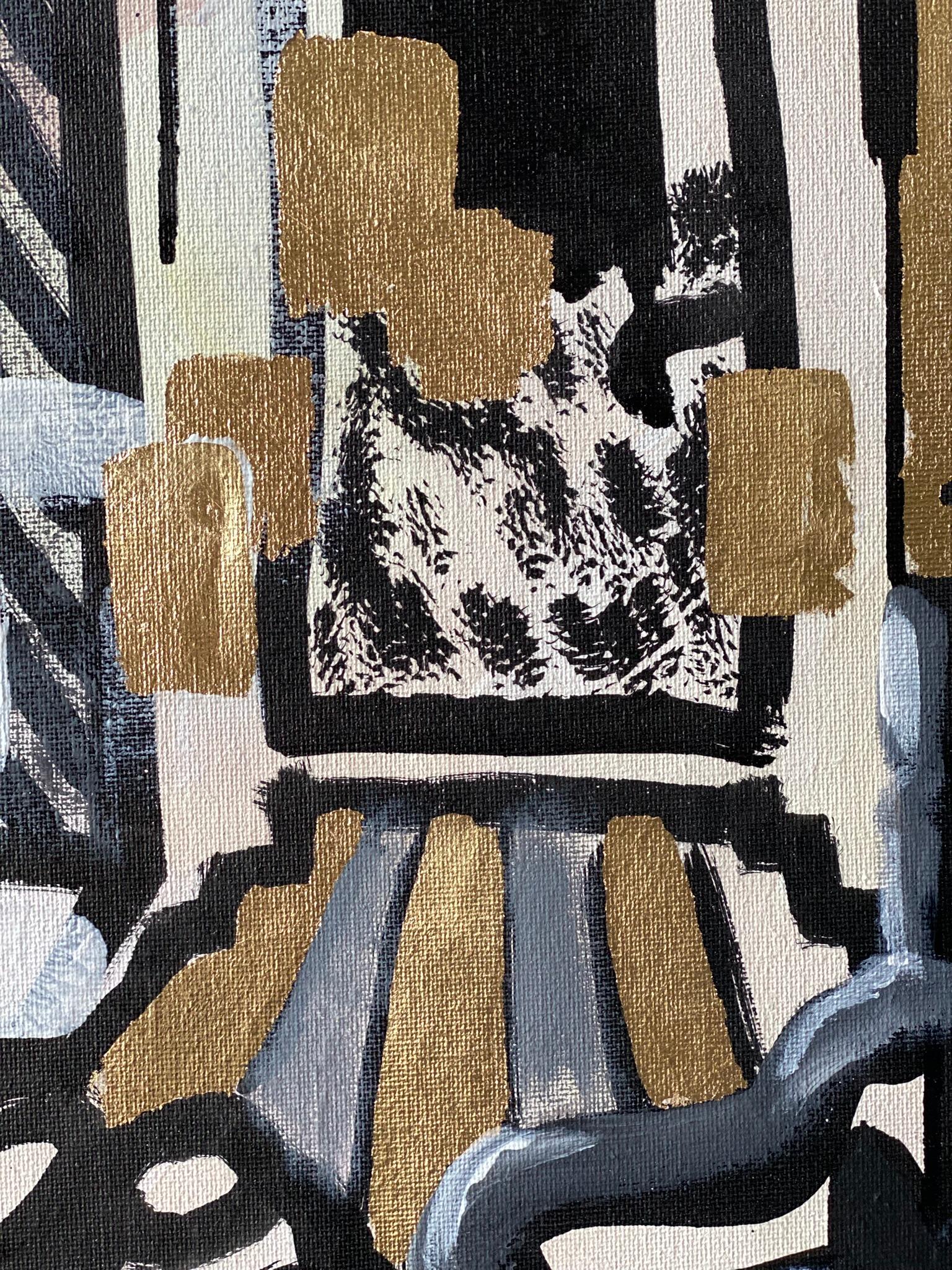 Original-Cat, Octopus in Inner Forest-British Awarded Artist-GoldLeaf+Ink Canvas For Sale 10