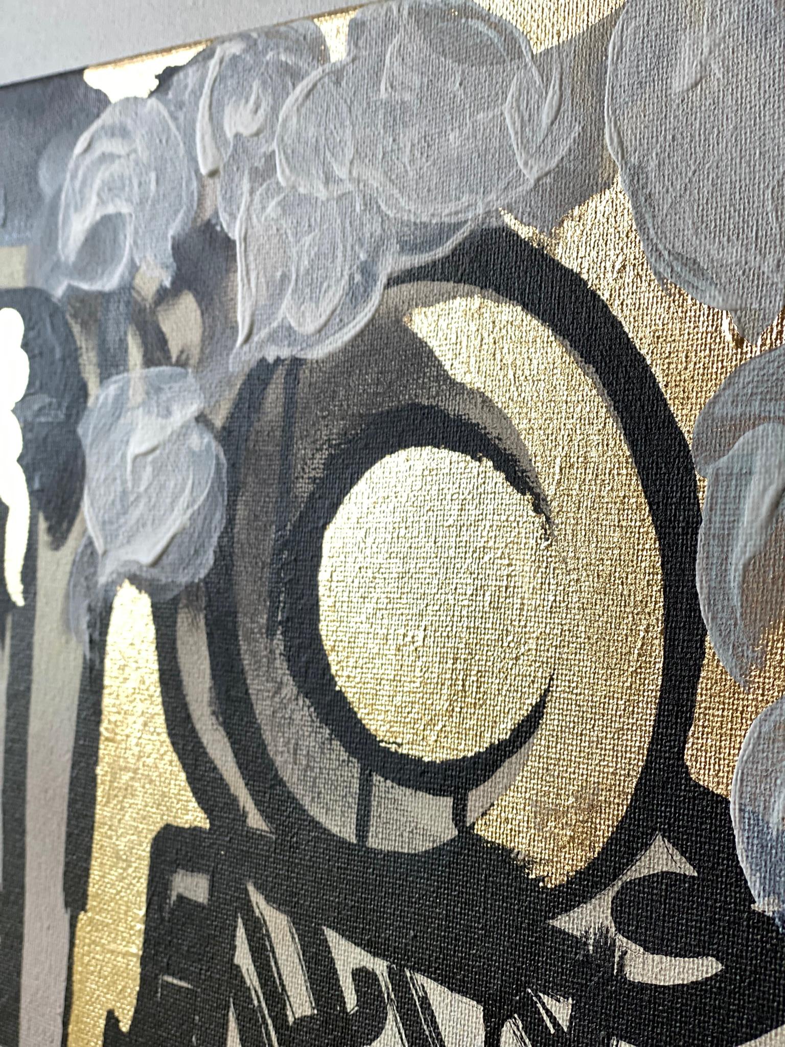 Original-Cat, Octopus in Inner Forest-British Awarded Artist-GoldLeaf+Ink Canvas For Sale 14
