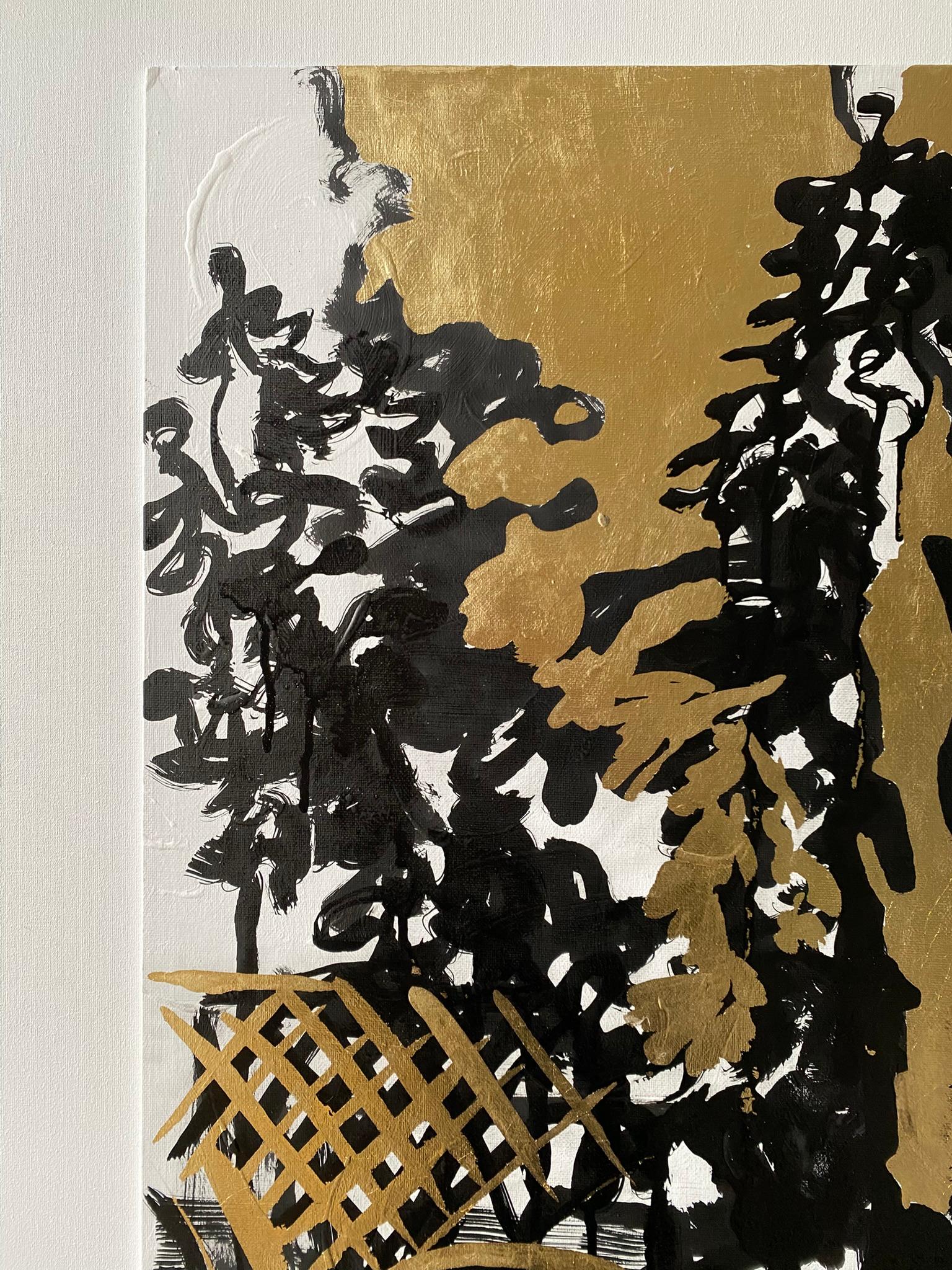 Original-Cat, Pond, Trellis with Lime Trees-British Awarded Artist-Gold Leaf+Ink - Abstract Expressionist Painting by Shizico Yi