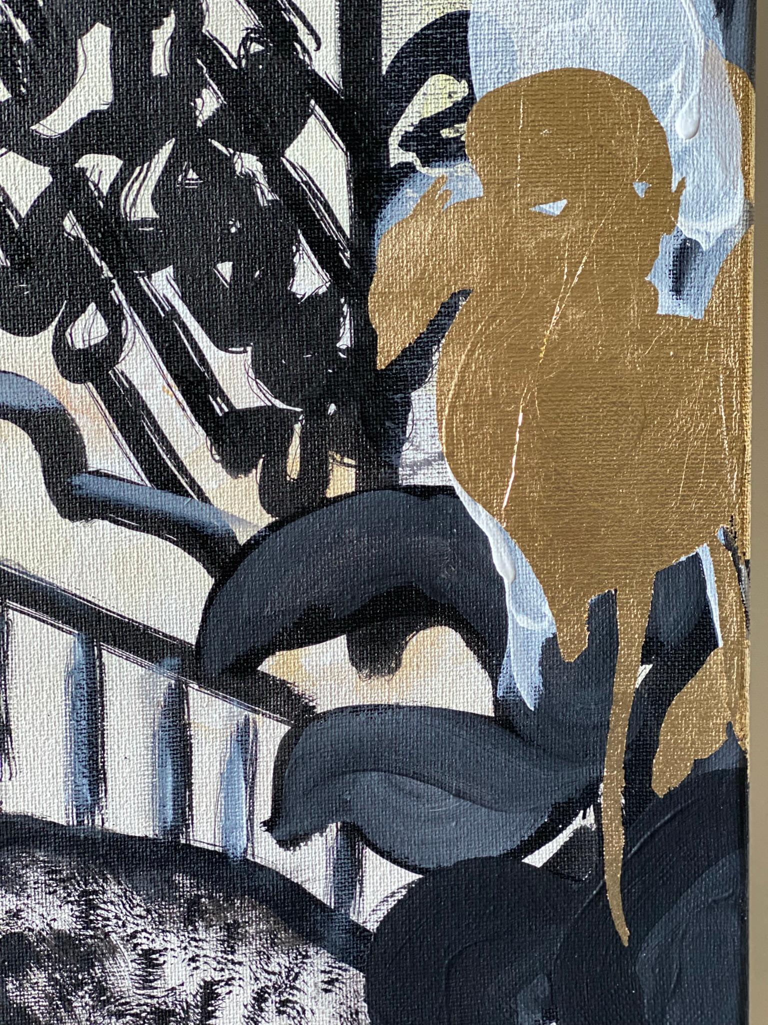 This special large Ink, Oil and Gold leaf on canvas created by Shizico in early autumn, her Cat and his toy takes centre stage in her studio full with house plants. The pictorial language in this series pays homage to Japanese Woodblock prints;