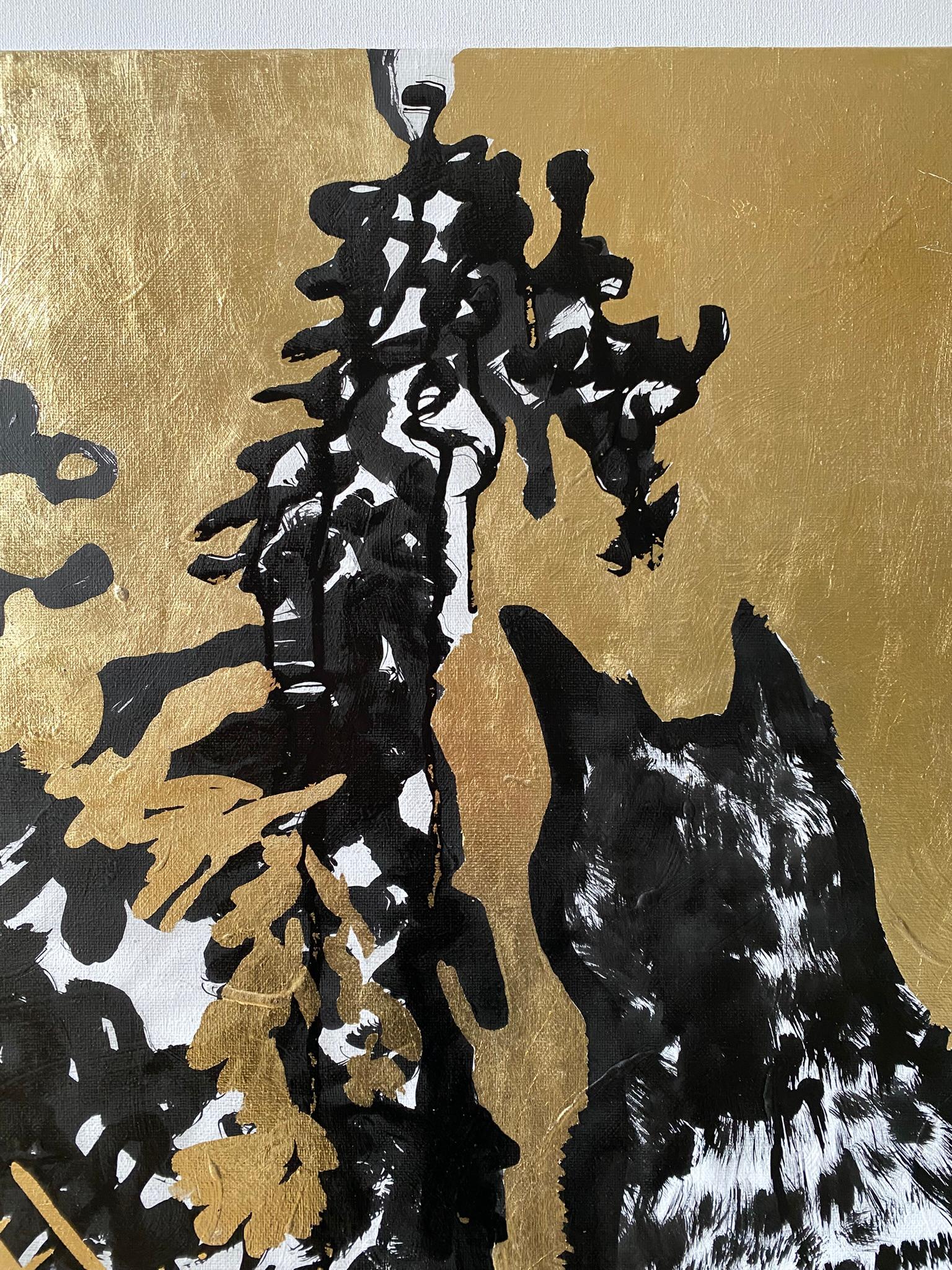 This special large Ink and Gold leaf on canvas board created by Shizico in early autumn, her Cat and the garden take centre stage. The pictorial language in this series pays homage to Japanese Woodblock prints; Shizico sees Cat a symbol of