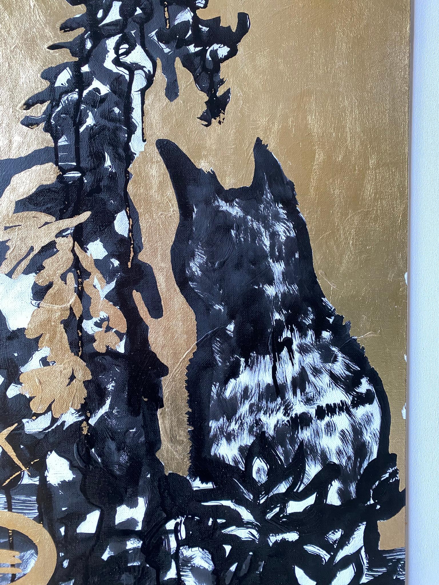 Original-Cat, Pond, Trellis with Lime Trees-British Awarded Artist-Gold Leaf+Ink For Sale 1