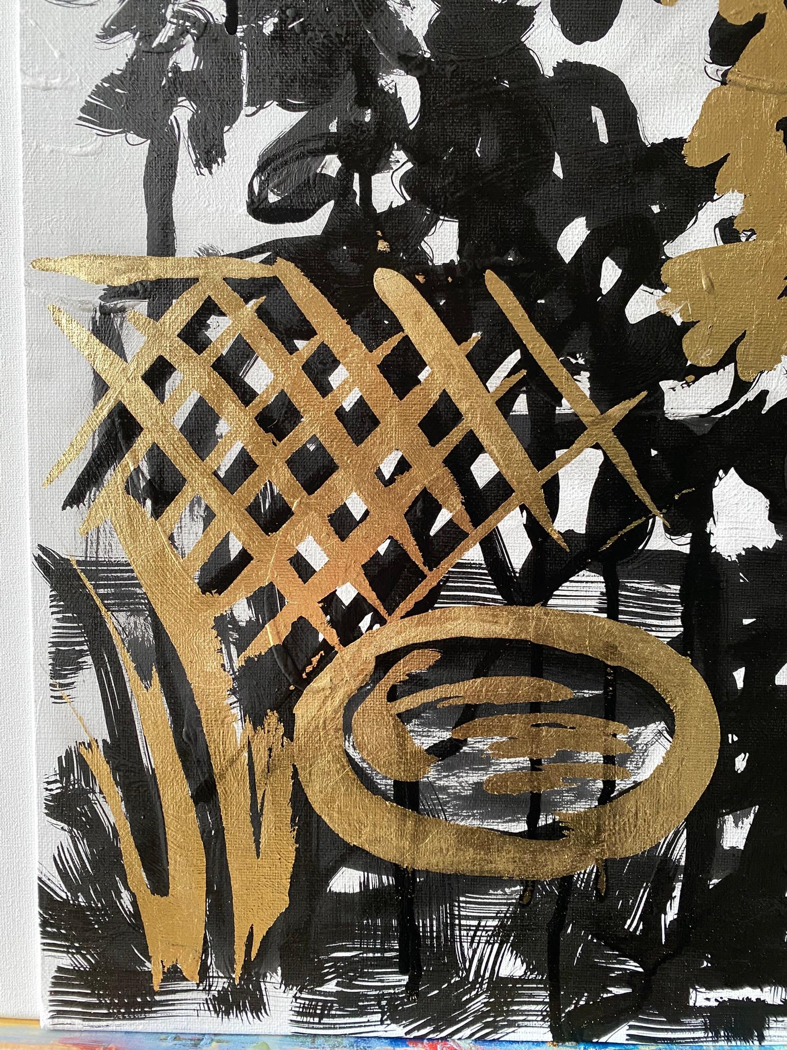 Original-Cat, Pond, Trellis with Lime Trees-British Awarded Artist-Gold Leaf+Ink For Sale 2