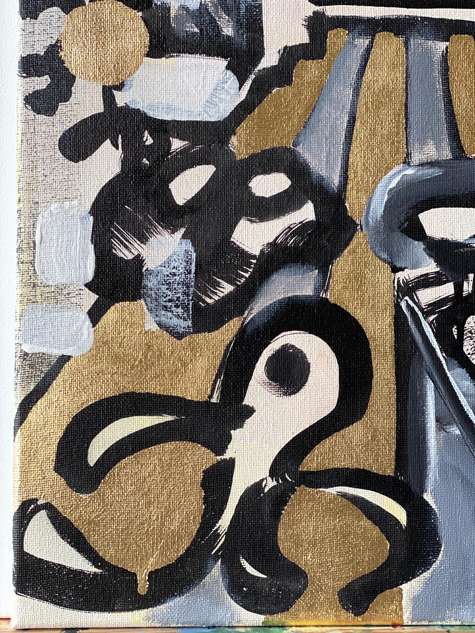 Original-Cat, Octopus in Inner Forest-British Awarded Artist-GoldLeaf+Ink Canvas For Sale 4