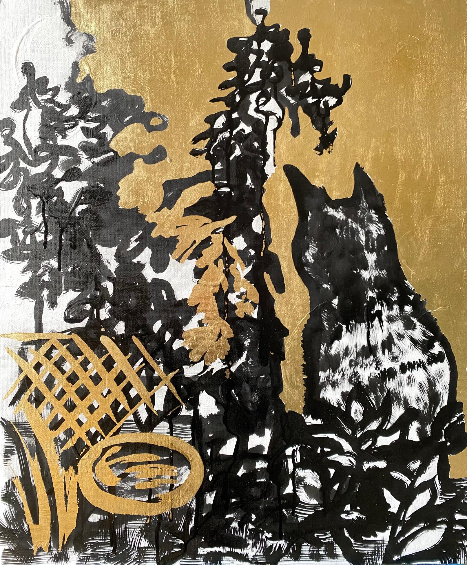 Shizico Yi Abstract Painting - Original-Cat, Pond, Trellis with Lime Trees-British Awarded Artist-Gold Leaf+Ink