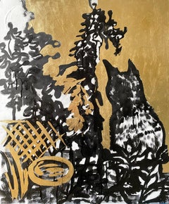 Original-Cat, Pond, Trellis with Lime Trees-British Awarded Artist-Gold Leaf+Ink