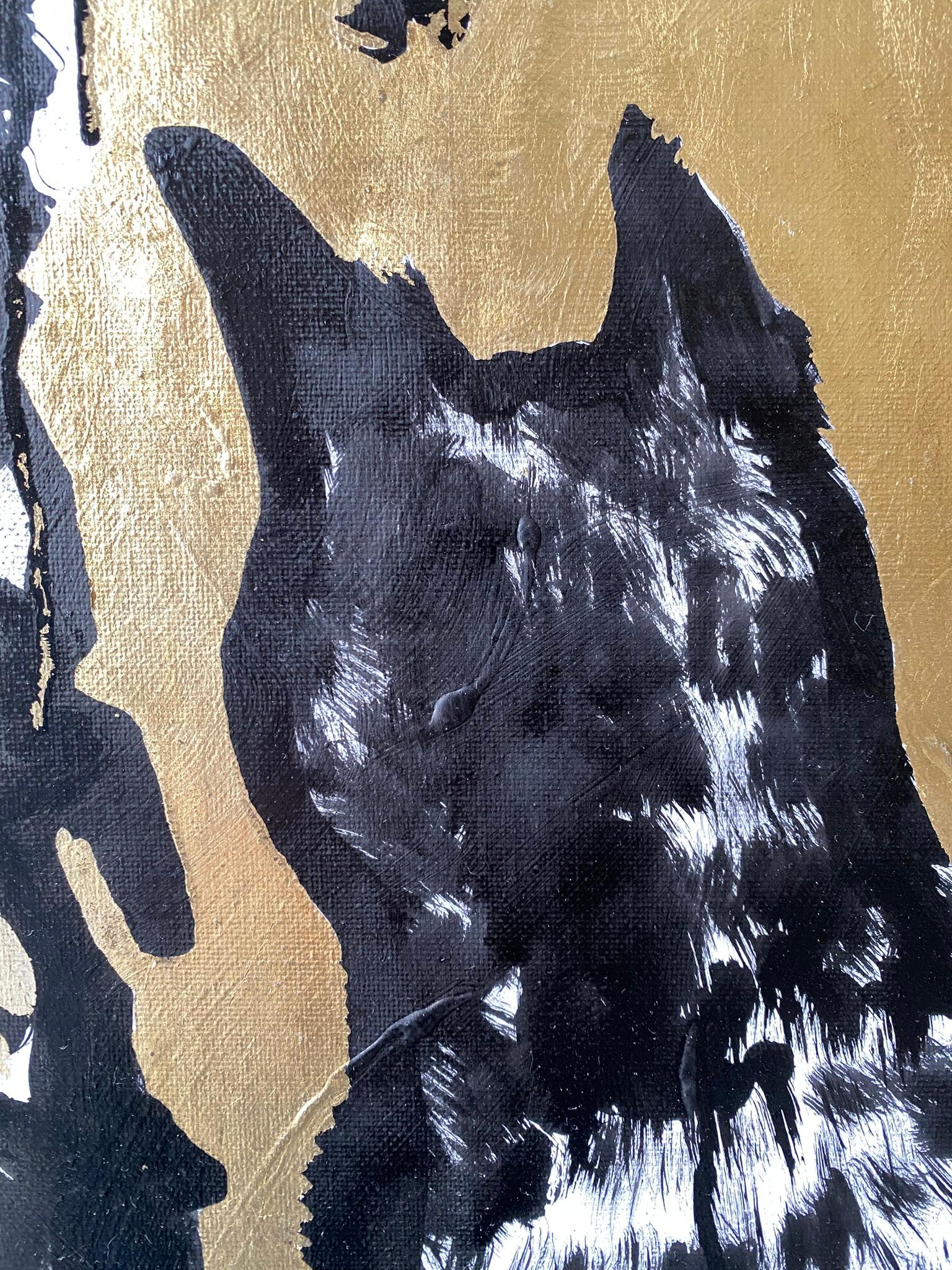 Original - Chat, pieuvre dans la forêt intérieure - Artistique britannique primé - Toile à feuilles d'or et encre en vente 11