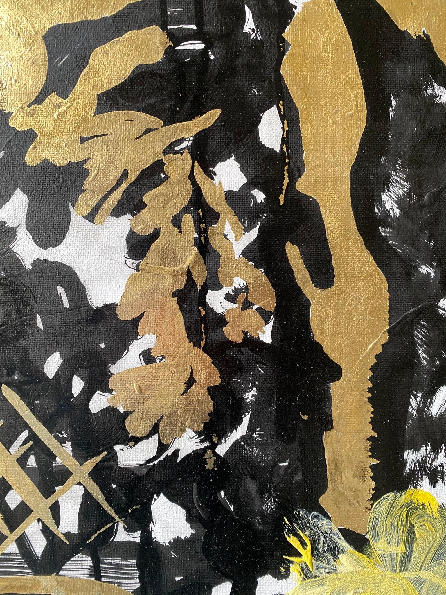 Original - Chat, pieuvre dans la forêt intérieure - Artistique britannique primé - Toile à feuilles d'or et encre en vente 12
