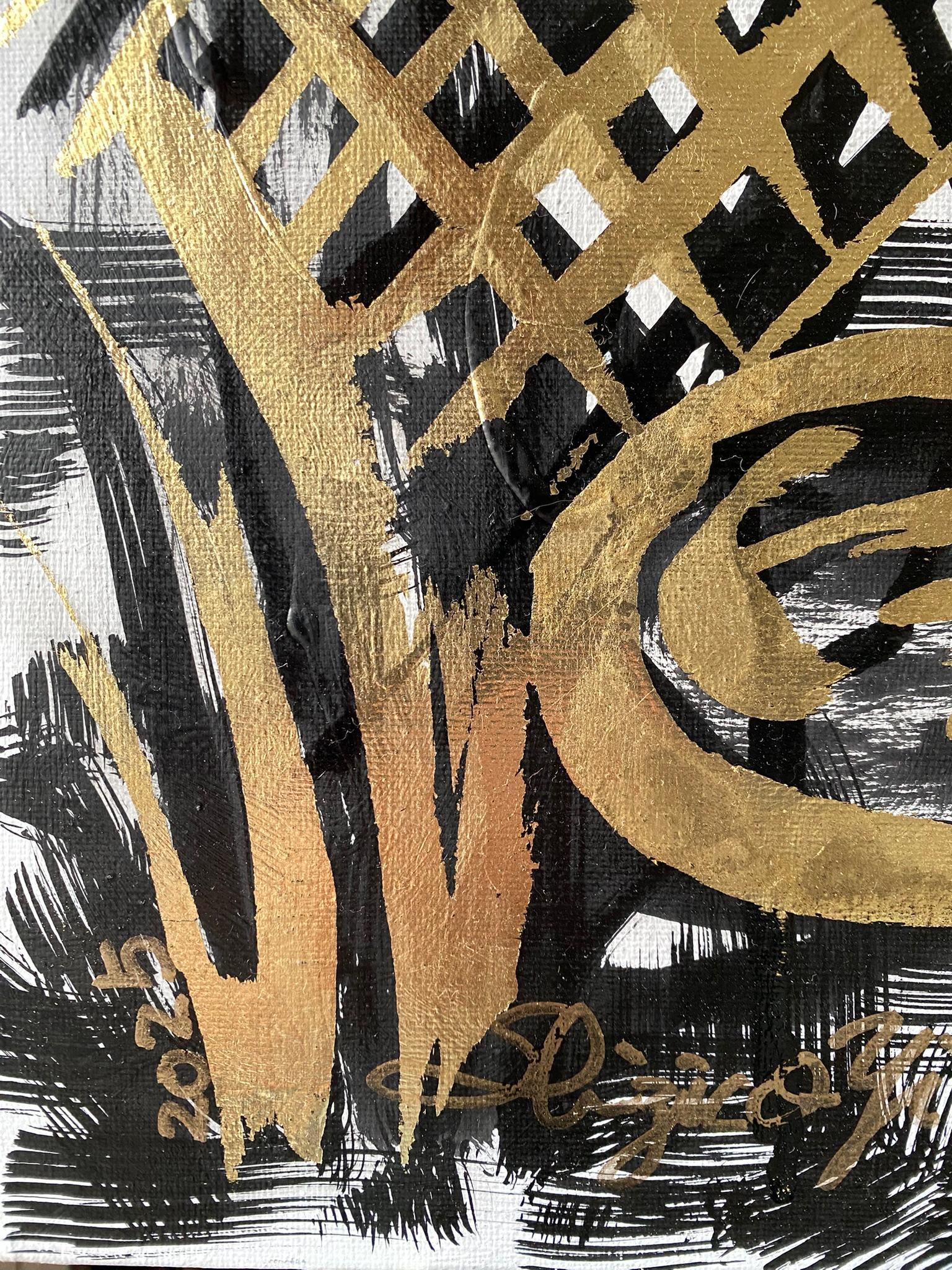 Original - Chat, pieuvre dans la forêt intérieure - Artistique britannique primé - Toile à feuilles d'or et encre en vente 14
