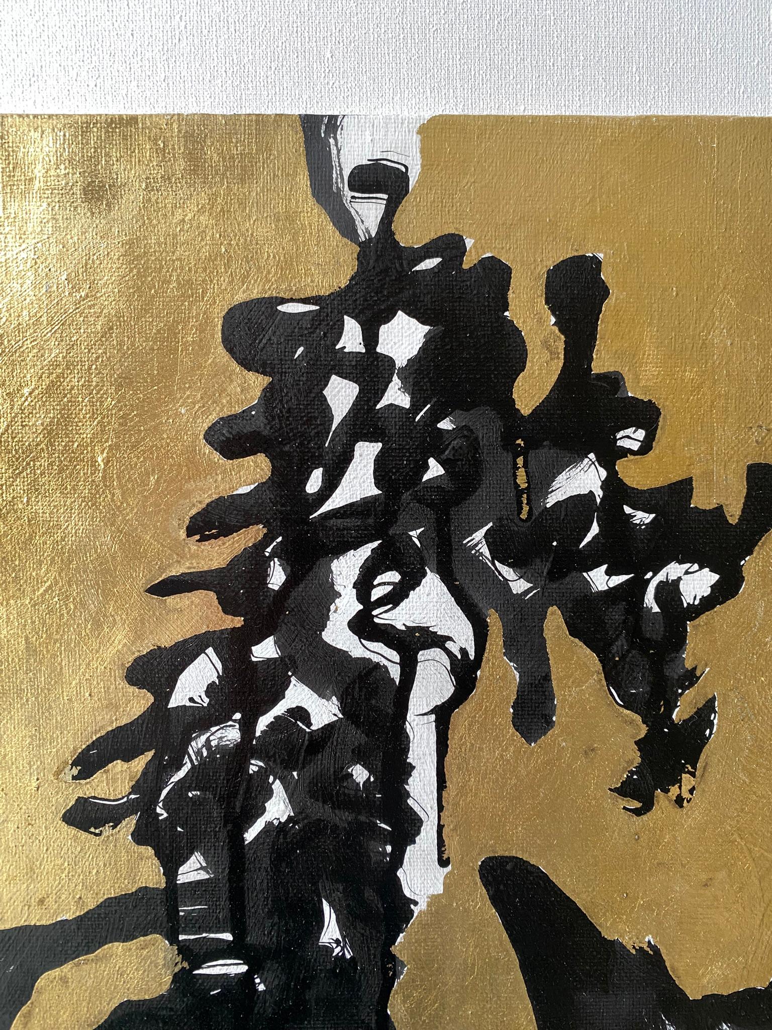 Original - Chat, pieuvre dans la forêt intérieure - Artistique britannique primé - Toile à feuilles d'or et encre en vente 16
