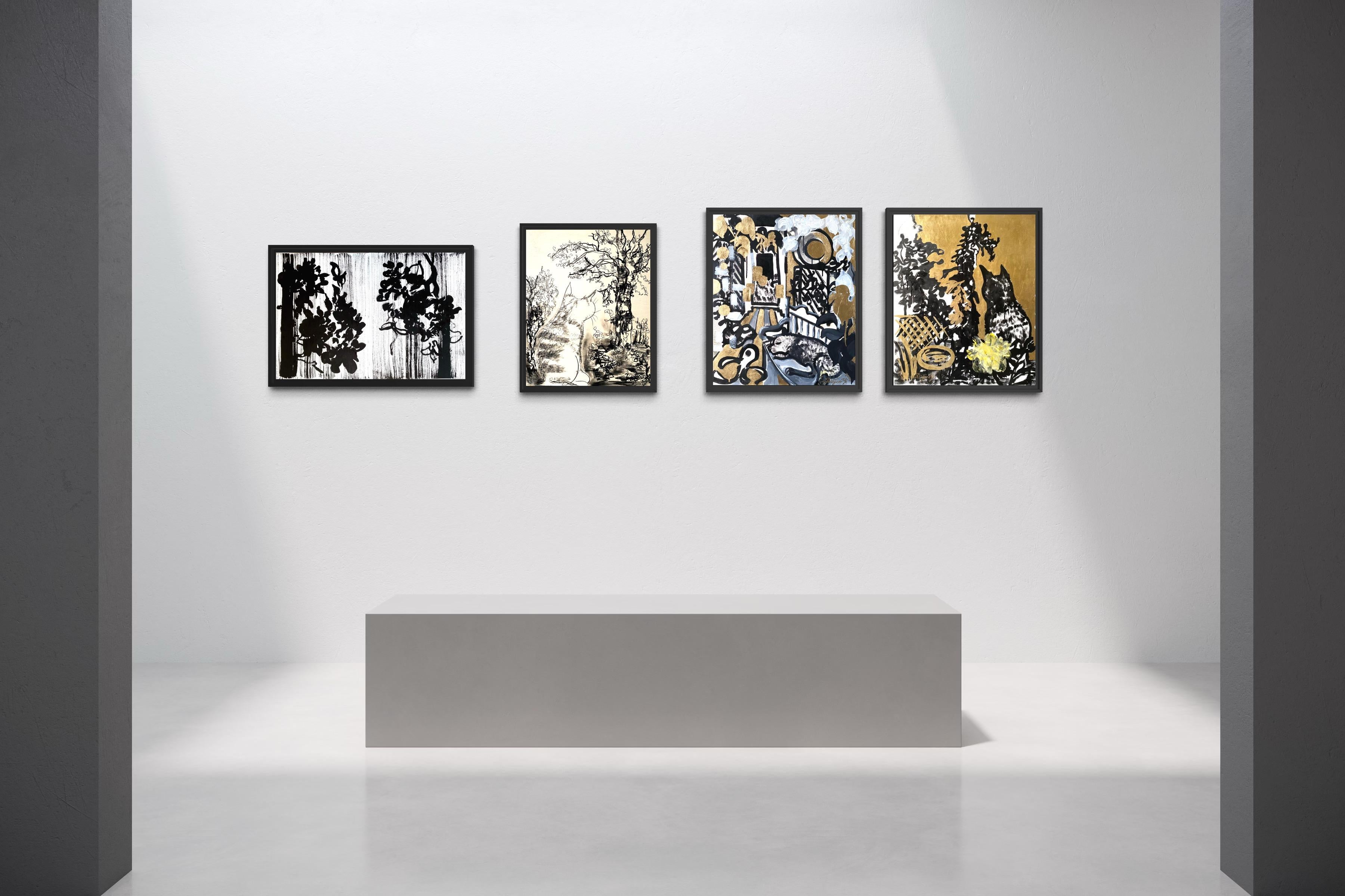 This special large Ink and Gold leaf on canvas board created by Shizico in early autumn, her Cat and the garden take centre stage. The pictorial language in this series pays homage to Japanese Woodblock prints; Shizico sees Cat a symbol of