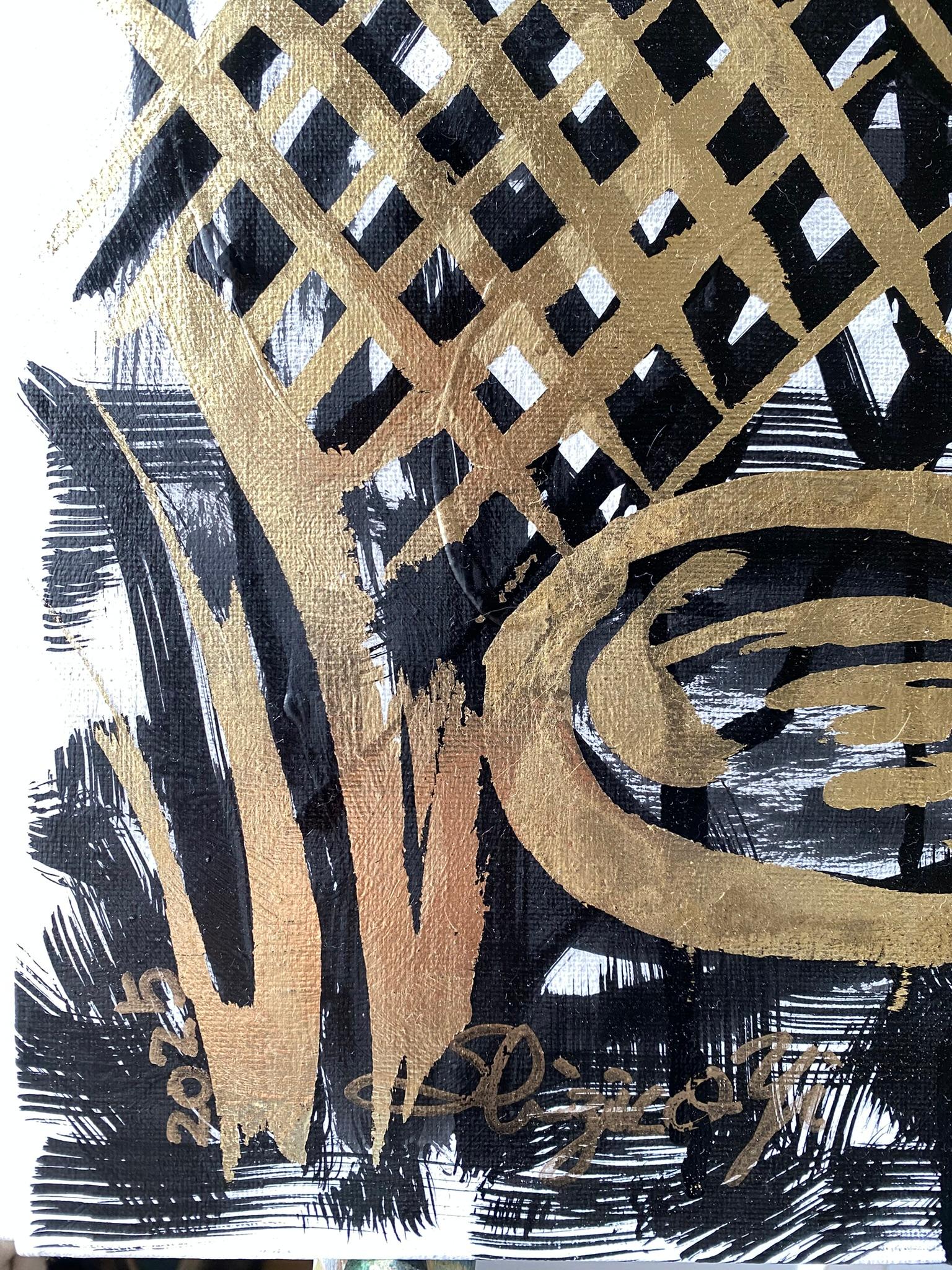 Original - Chat, pieuvre dans la forêt intérieure - Artistique britannique primé - Toile à feuilles d'or et encre en vente 4