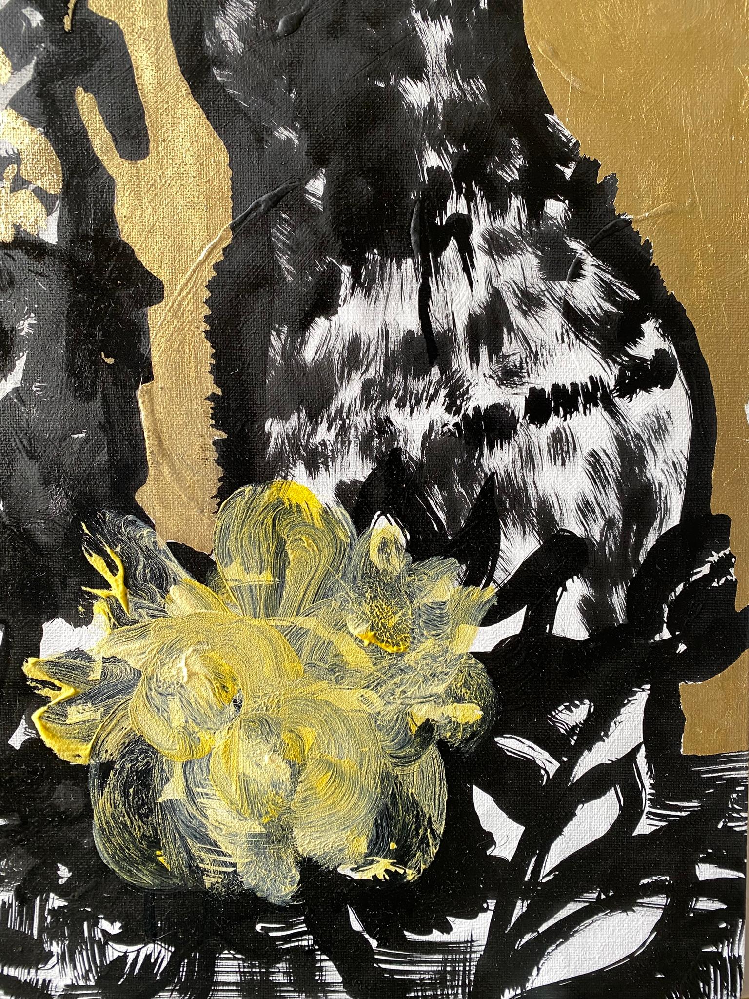 Original - Chat, pieuvre dans la forêt intérieure - Artistique britannique primé - Toile à feuilles d'or et encre en vente 6