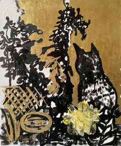Original-Cat, Pond, Trellis with Lime Trees-British Awarded Artist-Gold Leaf+Ink