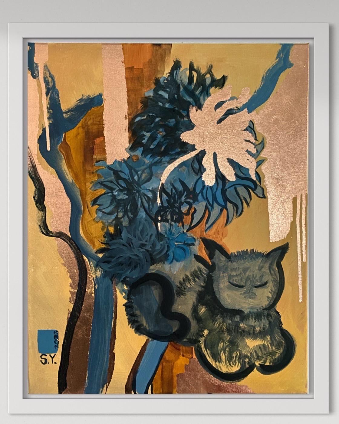 In her most recent series, 'Prayers,' Shizico incorporates Dahlias, which bloom in the autumn, bringing vibrancy to the garden even in the early winter's chill. The innocence of a cat serves as a symbol of the vitality of life, a symbol of innocence