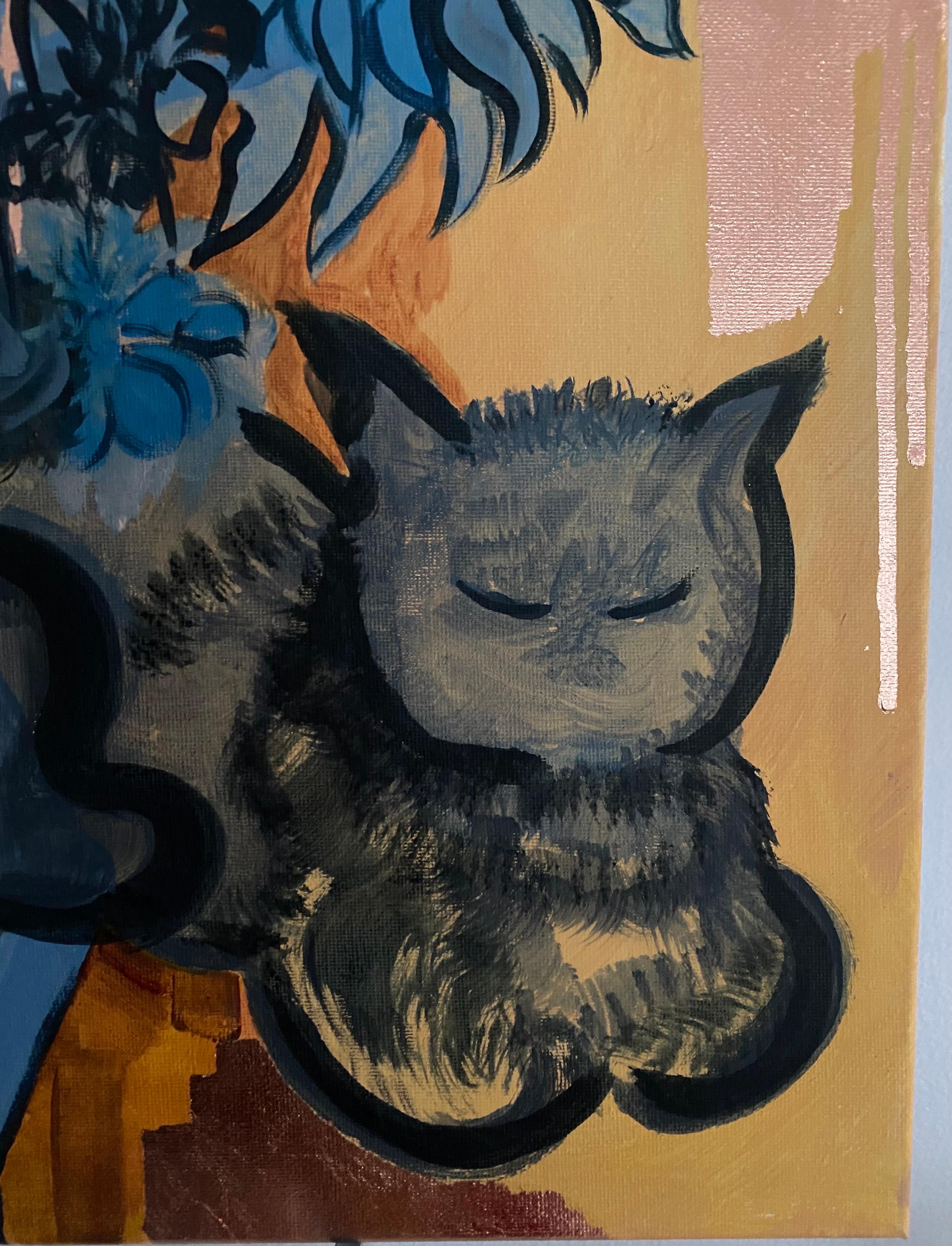 Original-Cat with Dahlias -expression-gold leaf-UK Awarded Artist-Sunlit Series For Sale 1