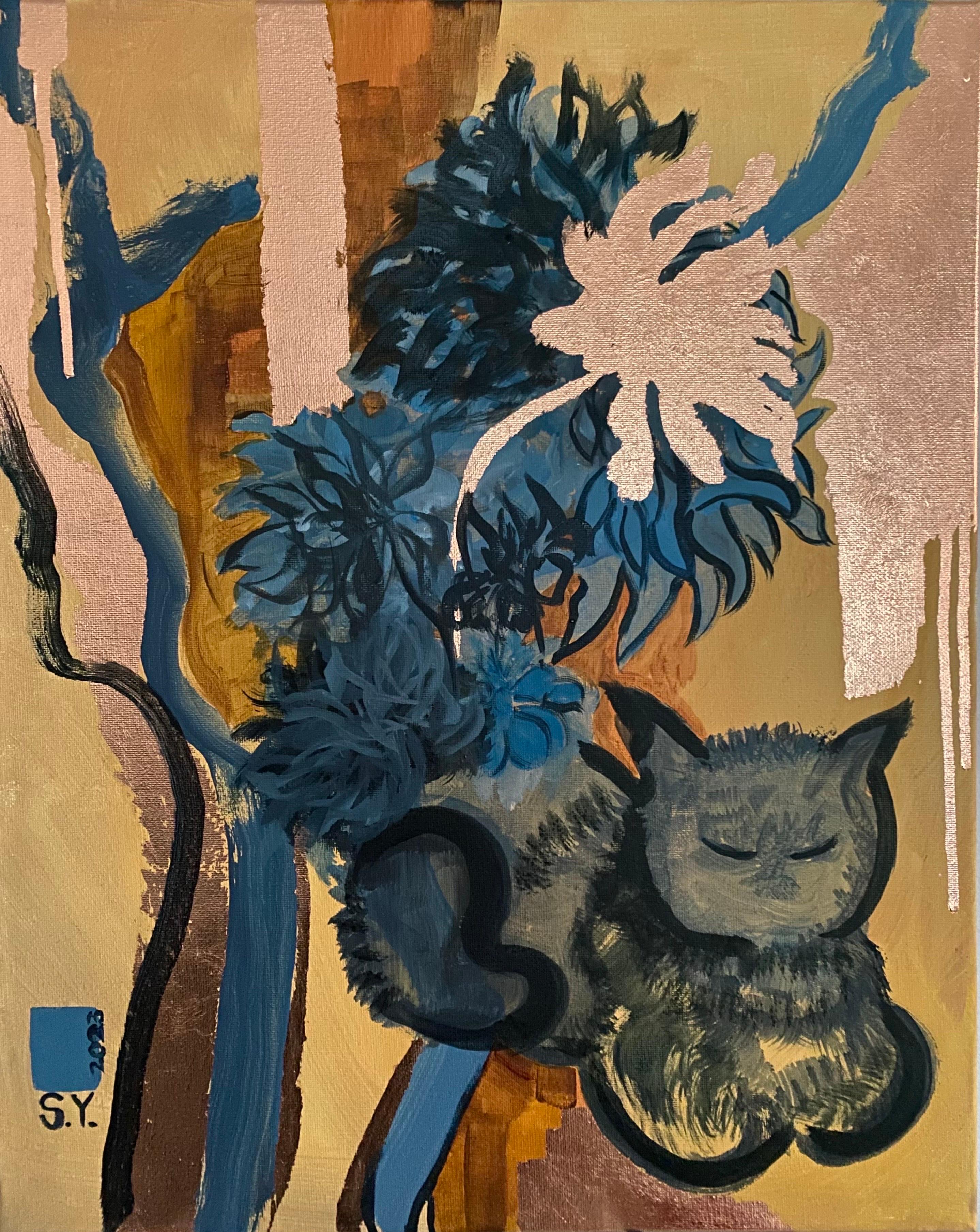 Shizico Yi Abstract Painting – Original-Cat mit Dahlias -expression-goldblatt-UK ausgezeichnete Künstler-Sunlit-Serie