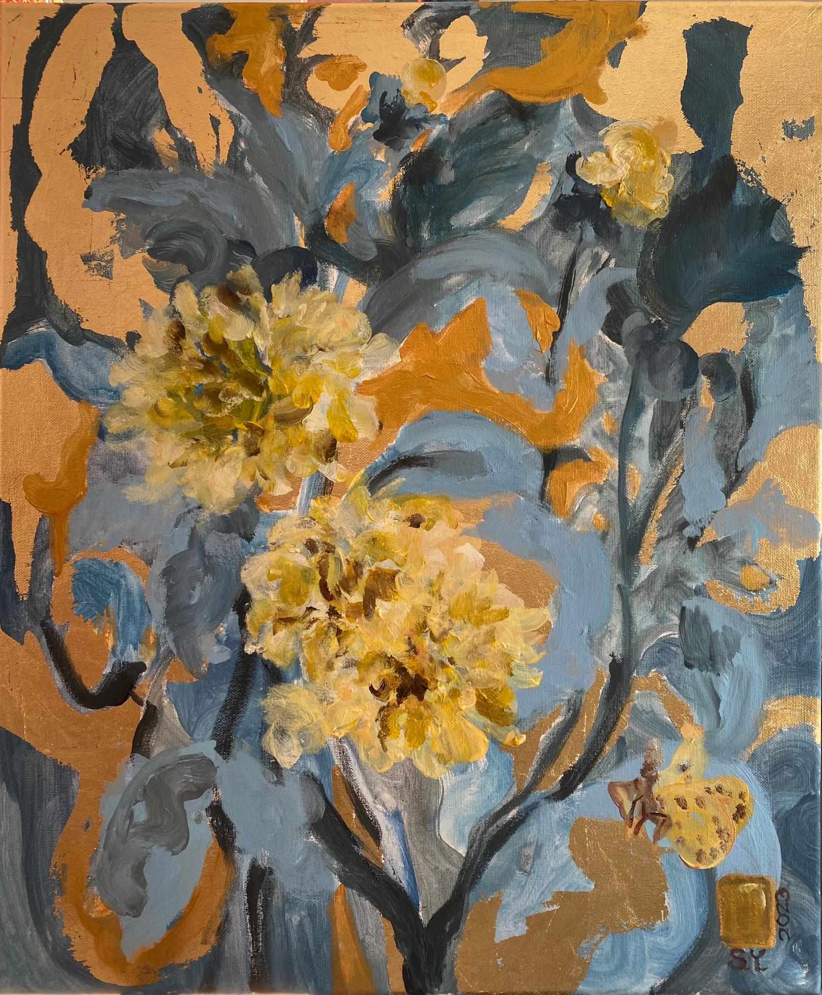 Original-Dahlias and Small Copper-Gold leaf-UK Award Artist-Abstract-impression 15