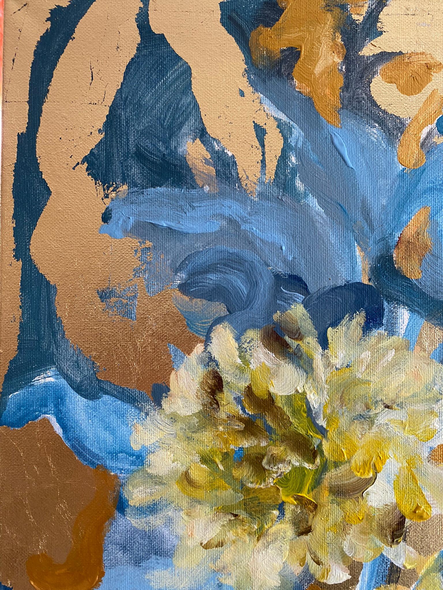 Original-Dahlias and Small Copper-Gold leaf-UK Award Artist-Abstract-impression 3