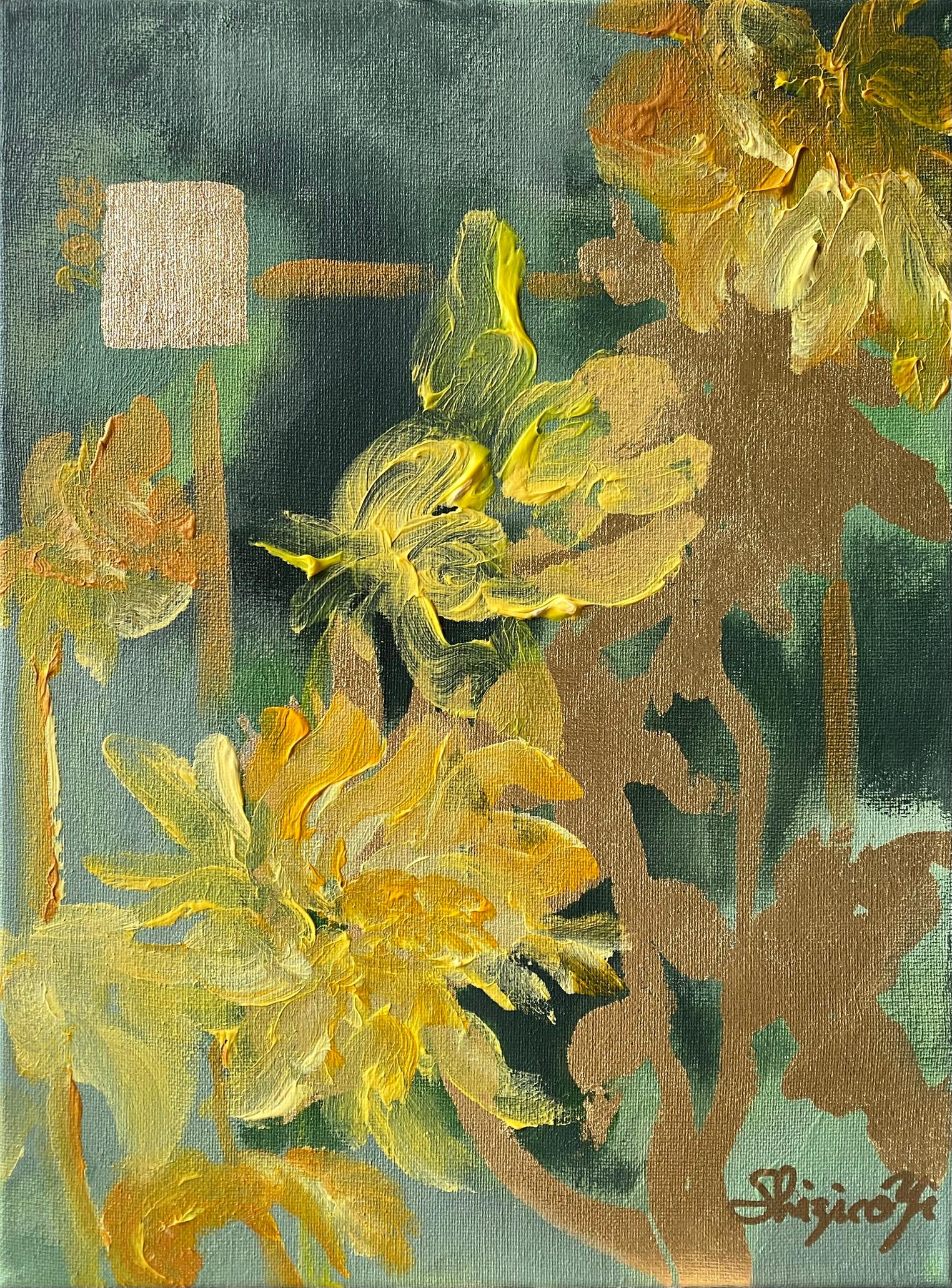 Original-Dahlias Field-Jardin d'Hiver-British Awarded Artist-Gold leaf + Impasto