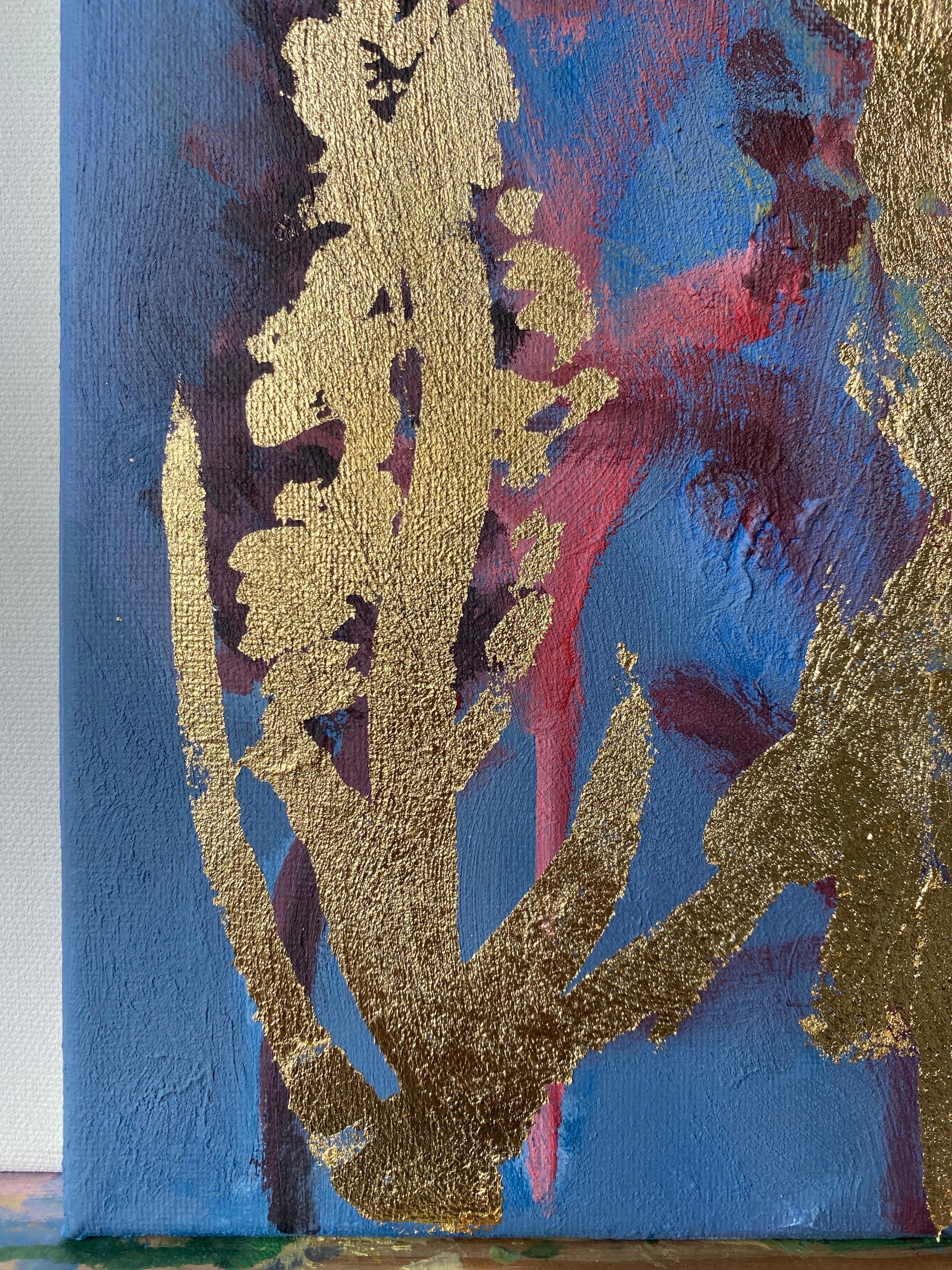 Original Diptych-Foxgloves-British Awarded Artist-Blue Purple-Impasto-gold leaf For Sale 6