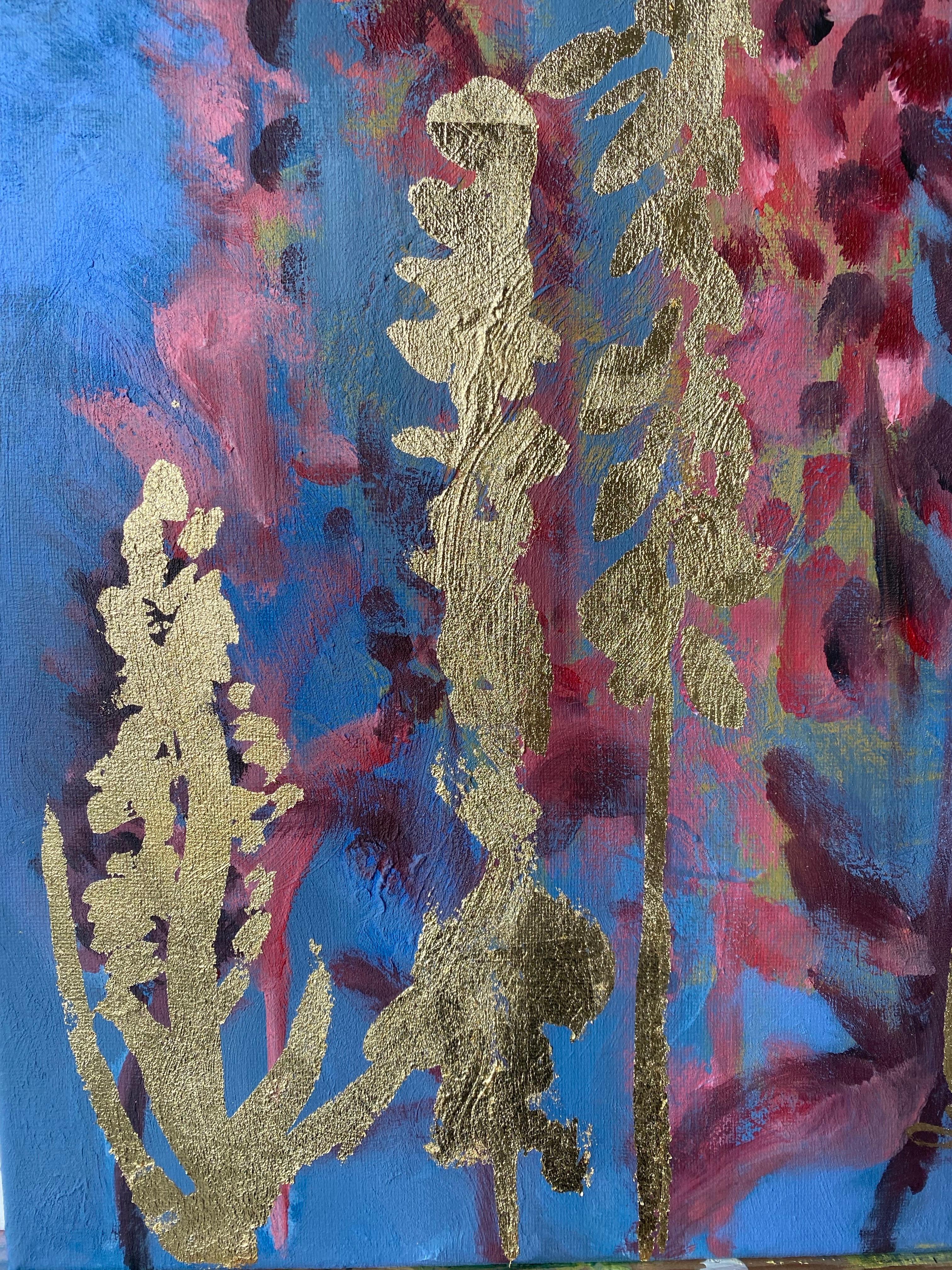 Original Diptych-Foxgloves-British Awarded Artist-Blue Purple-Impasto-gold leaf For Sale 7