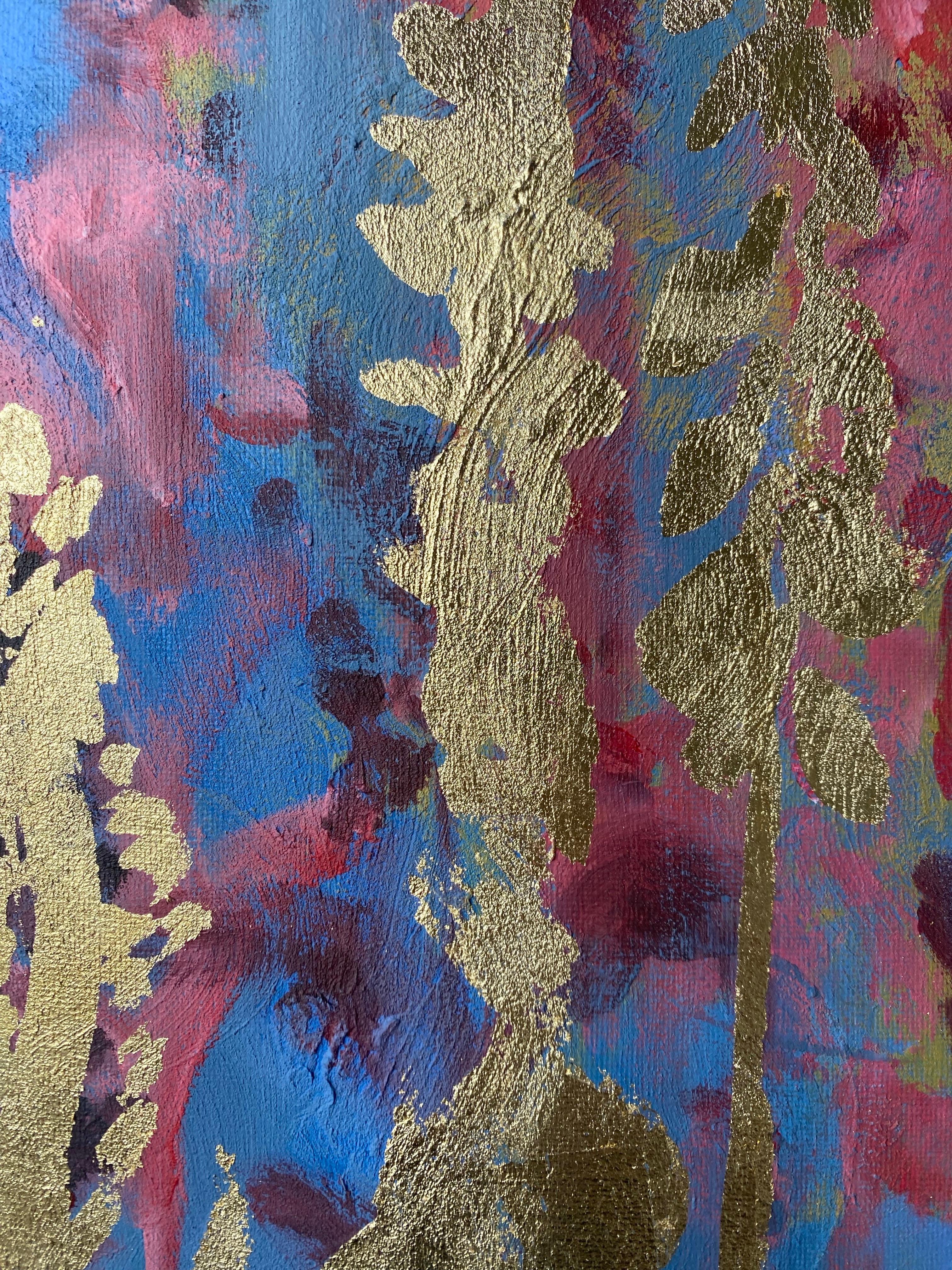 Original Diptych-Foxgloves-British Awarded Artist-Blue Purple-Impasto-gold leaf For Sale 8