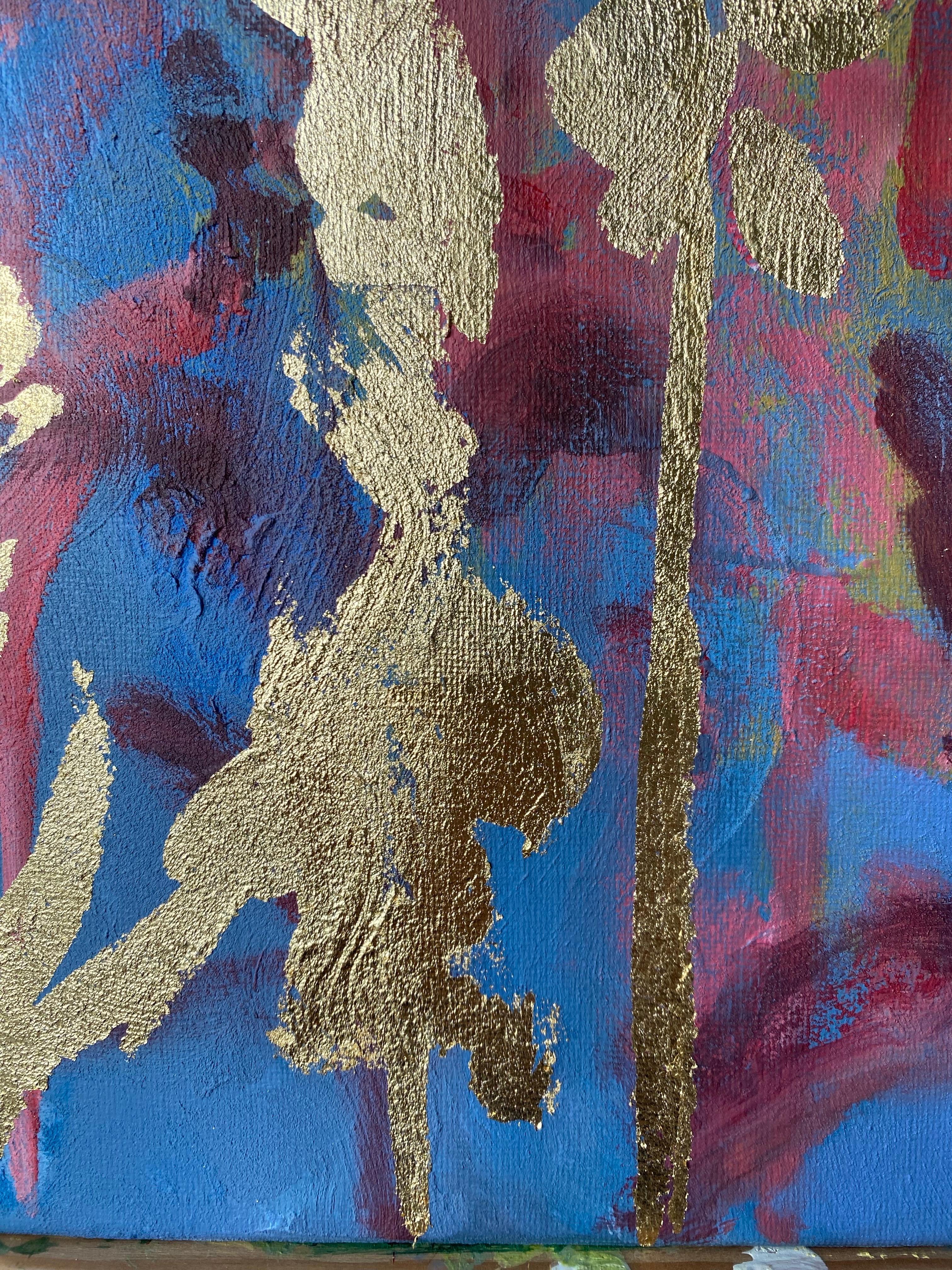 Original Diptych-Foxgloves-British Awarded Artist-Blue Purple-Impasto-gold leaf For Sale 13