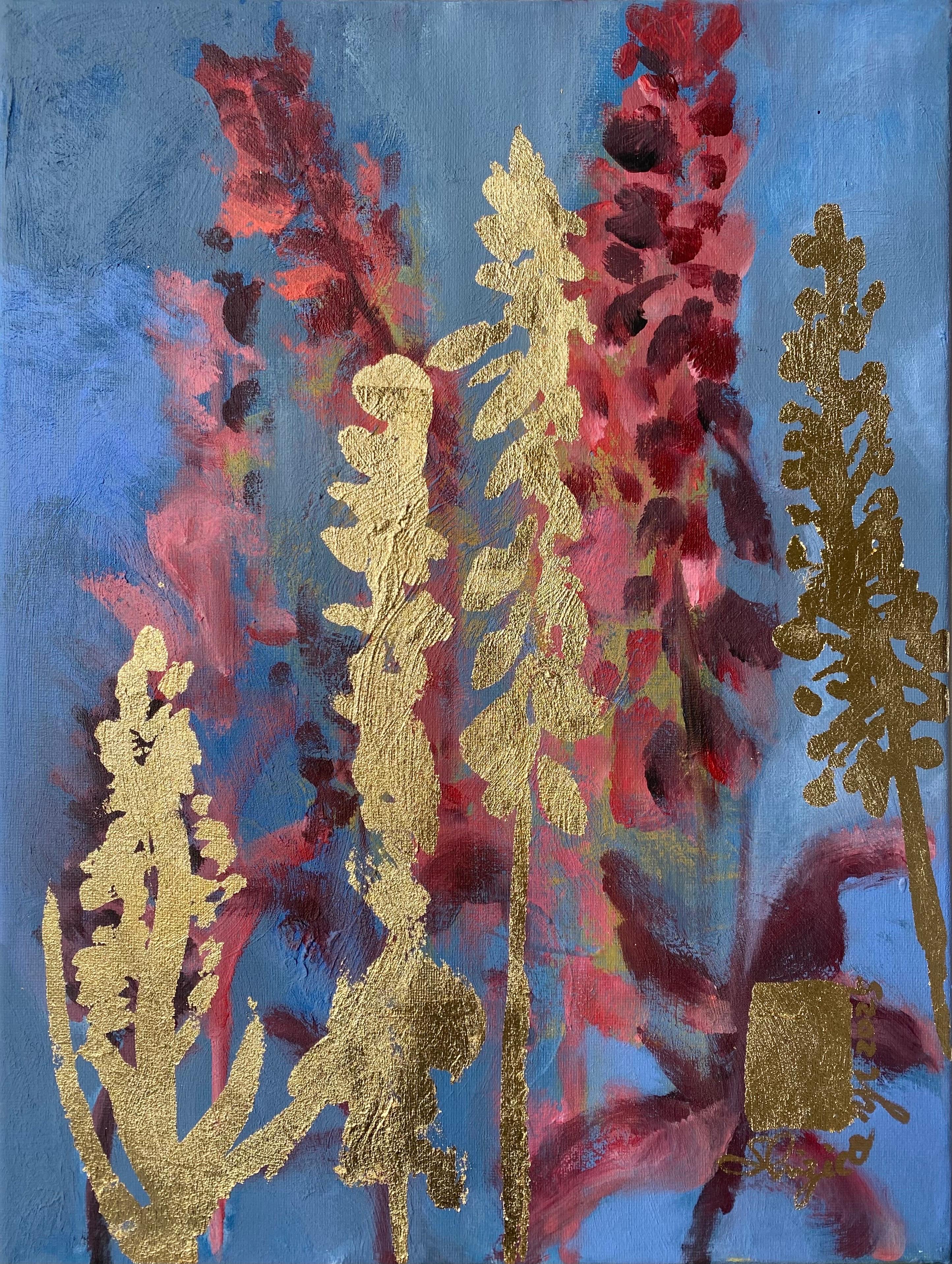 Original Diptych-Foxgloves-British Awarded Artist-Blue Purple-Impasto-gold leaf - Gold Landscape Painting by Shizico Yi