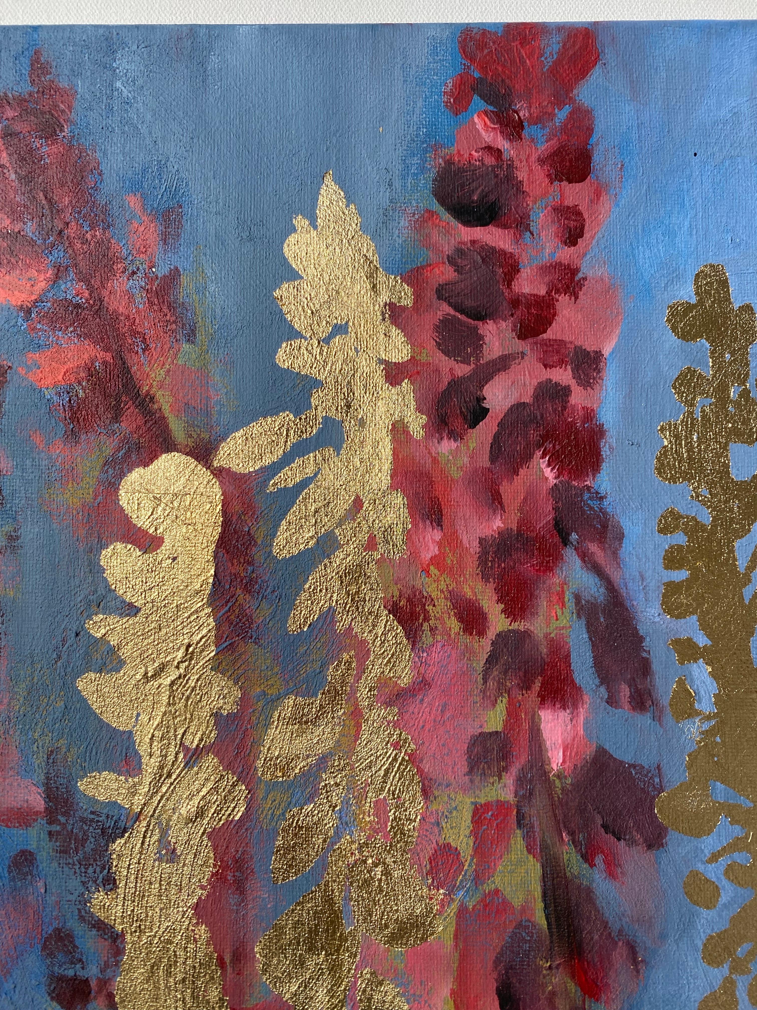 Original Diptych-Foxgloves-British Awarded Artist-Blue Purple-Impasto-gold leaf For Sale 5
