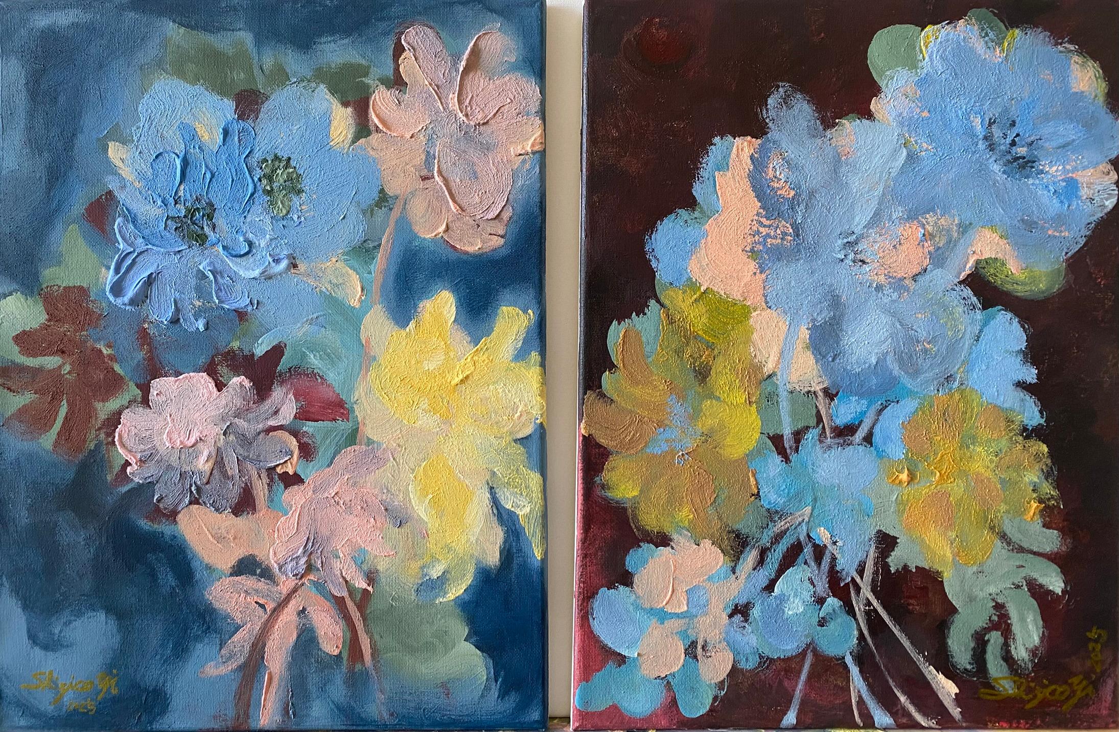 Landscape Painting de Shizico Yi - Díptico original-Impasto-Serie Jardín de Invierno-Artista británico galardonado-Impresión