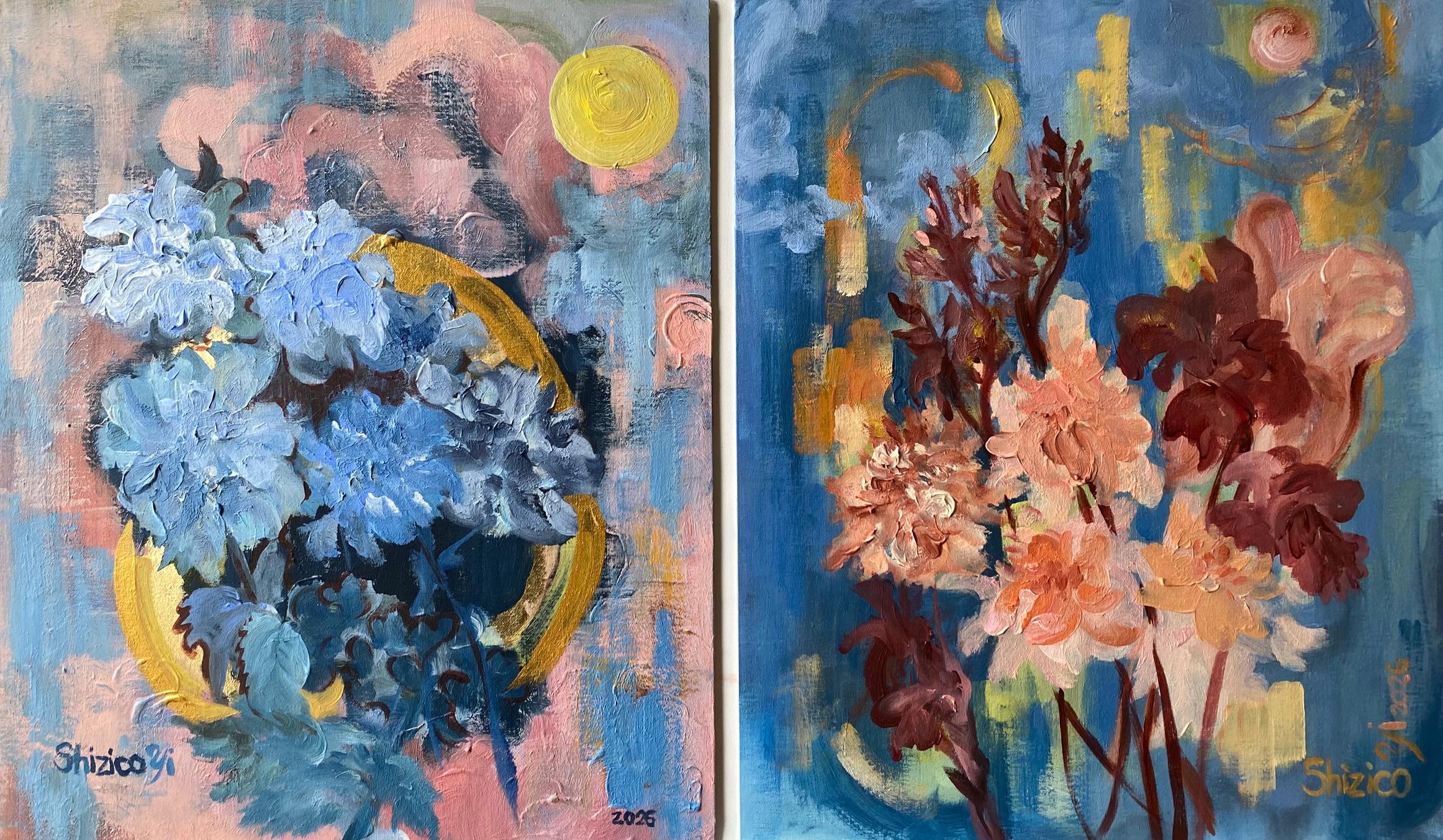 Shizico Yi Landscape Painting - Original Diptych-Jardin d'Hiver Moonlit Series-Awarded Artist-Dahlias in blooms