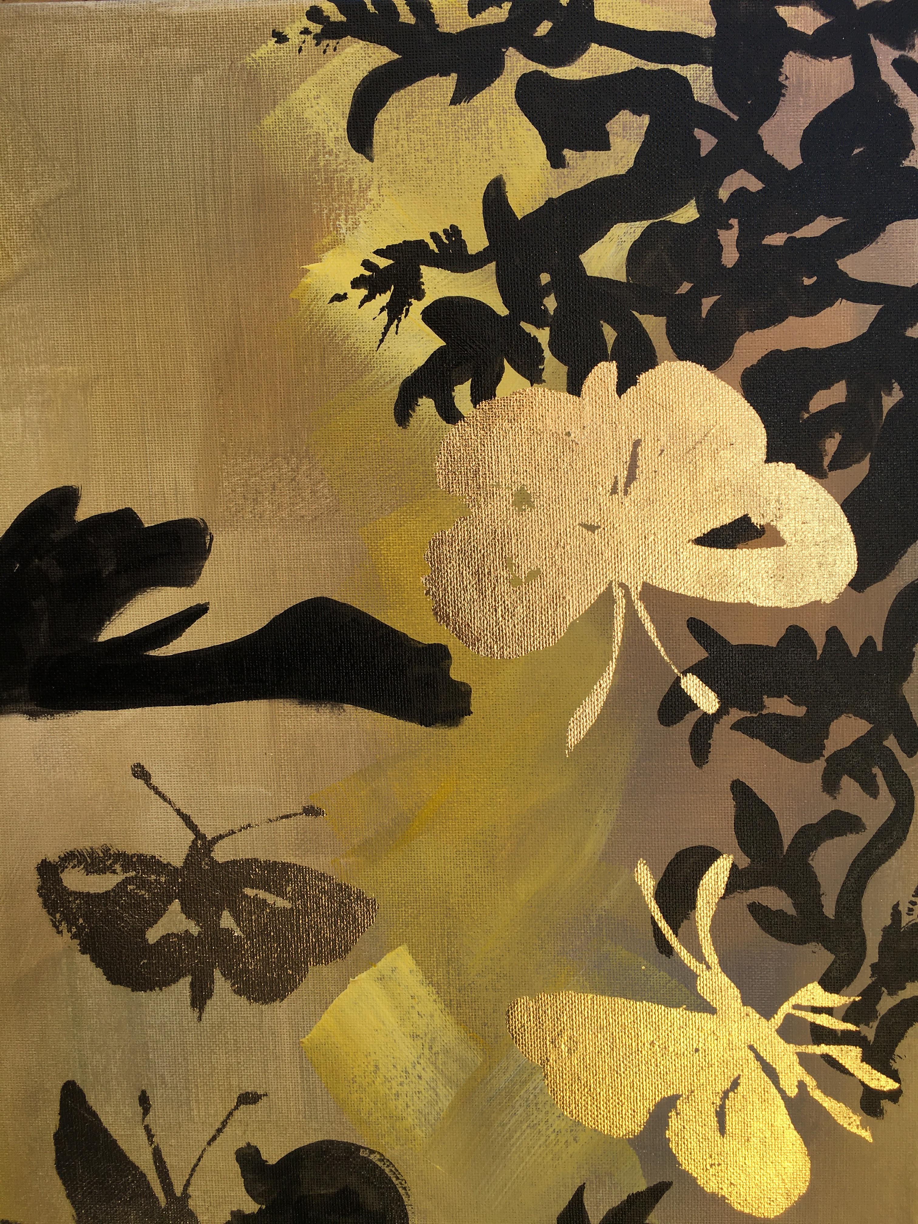 Original Diptych-Jay and Butterflies/Dusk till Dawn-Gold Leaf-UK Awarded Artist For Sale 9