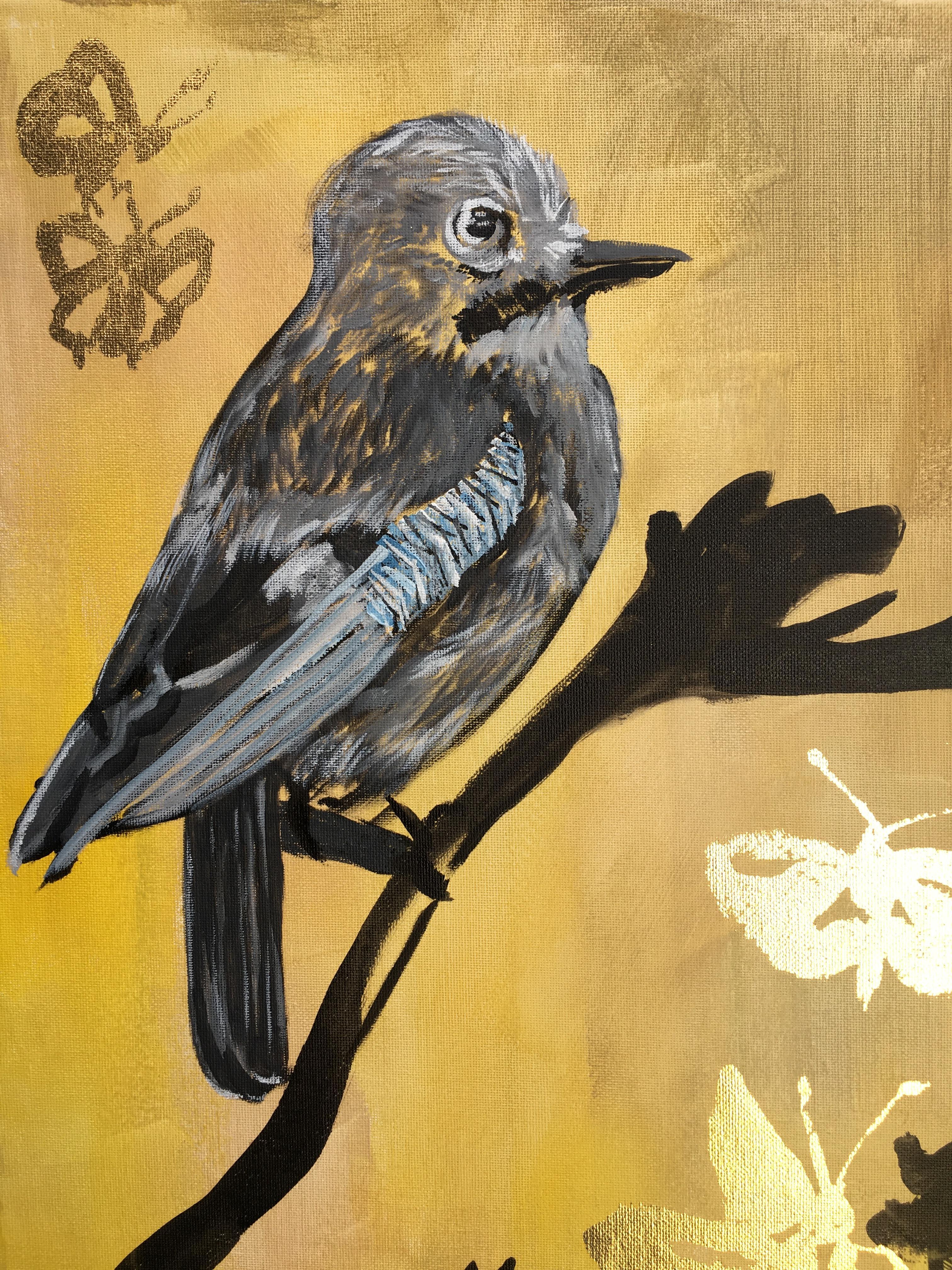 Original Diptych-Jay and Butterflies/Dusk till Dawn-Gold Leaf-UK Awarded Artist For Sale 11