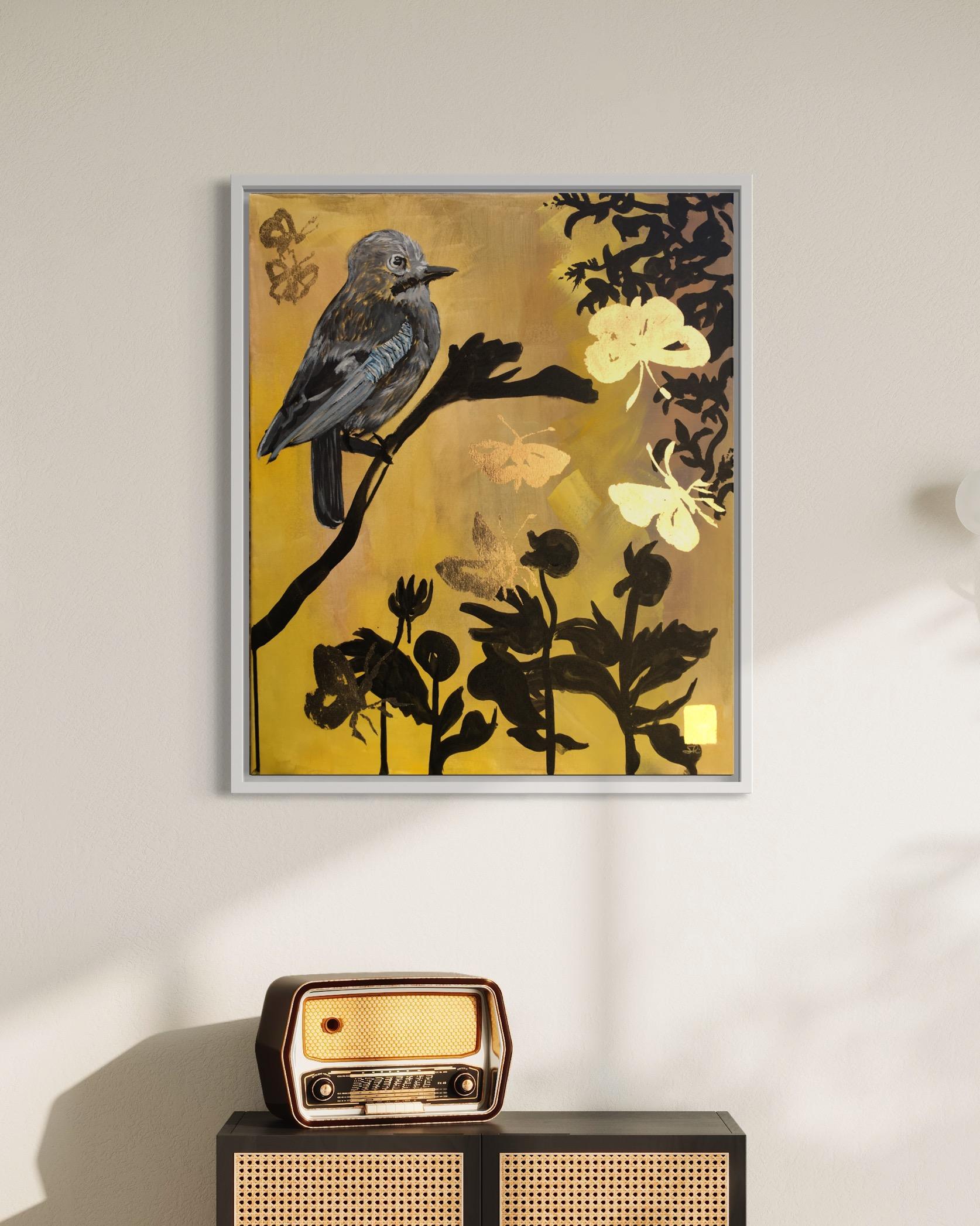 Original Diptych-Jay and Butterflies/Dusk till Dawn-Gold Leaf-UK Awarded Artist - Abstract Expressionist Painting by Shizico Yi