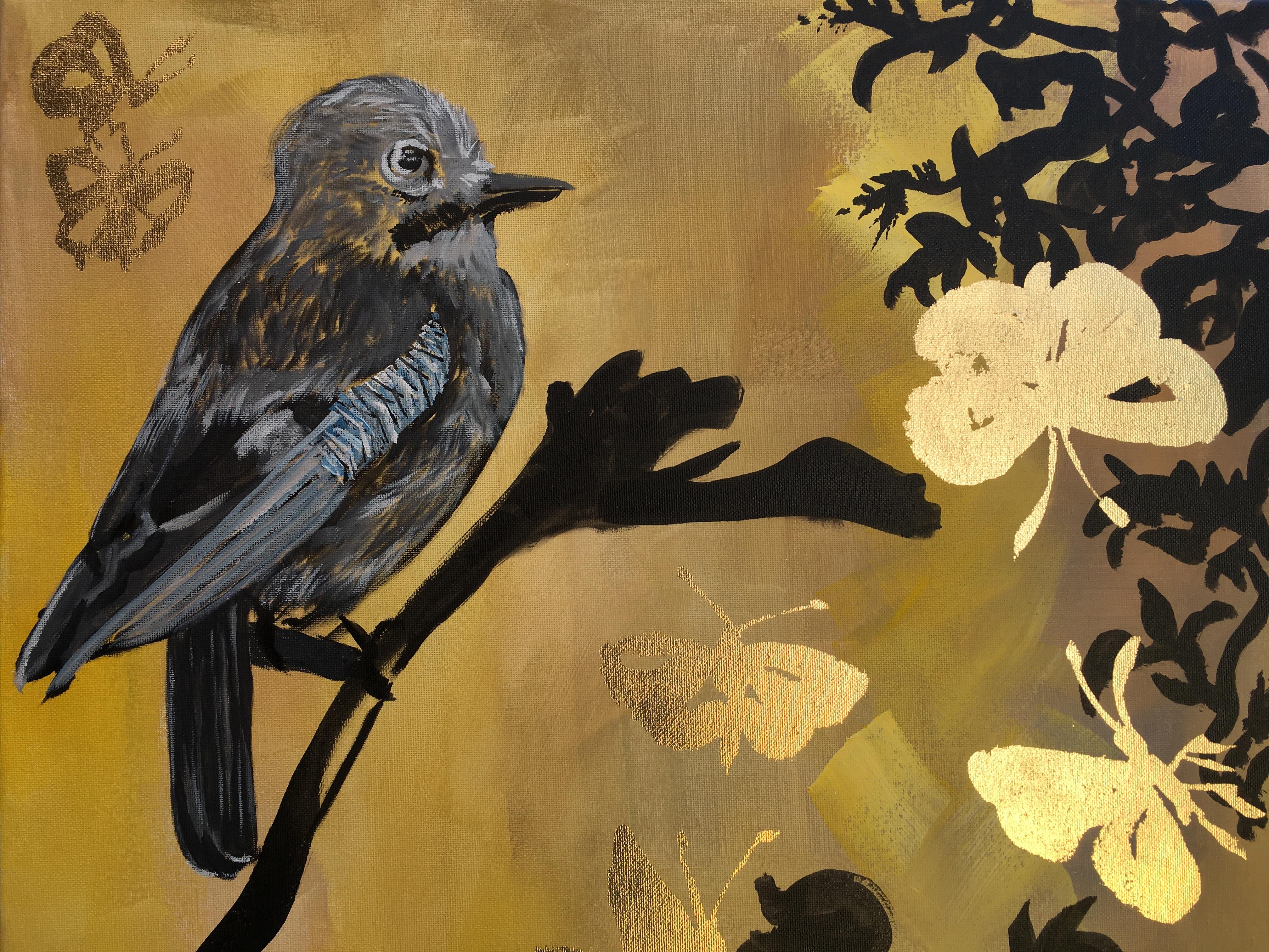 Original Diptych-Jay and Butterflies/Dusk till Dawn-Gold Leaf-UK Awarded Artist For Sale 3