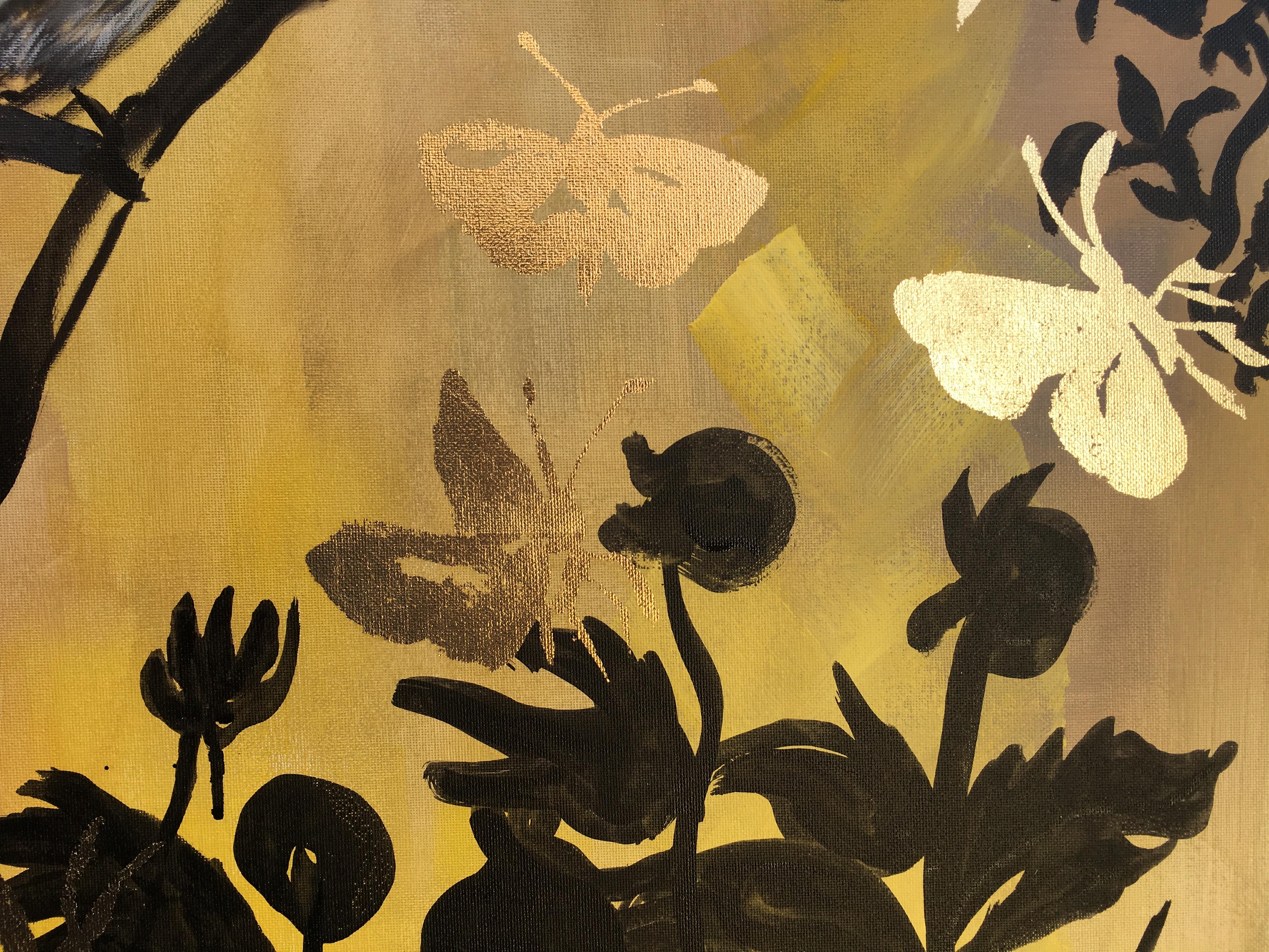 Original Diptych-Jay and Butterflies/Dusk till Dawn-Gold Leaf-UK Awarded Artist For Sale 4