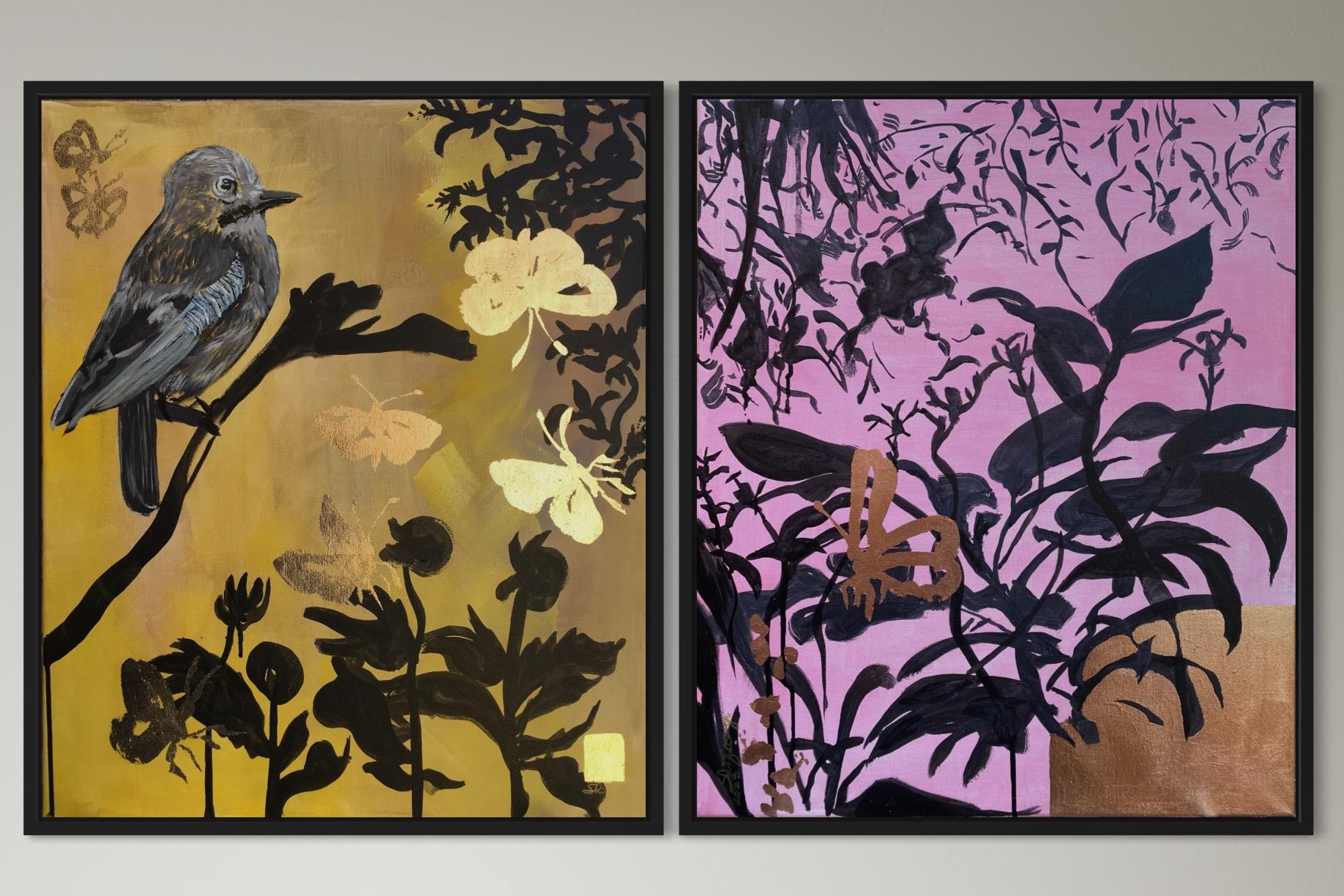 Original Diptych-Jay and Butterflies/Dusk till Dawn-Gold Leaf-UK Awarded Artist