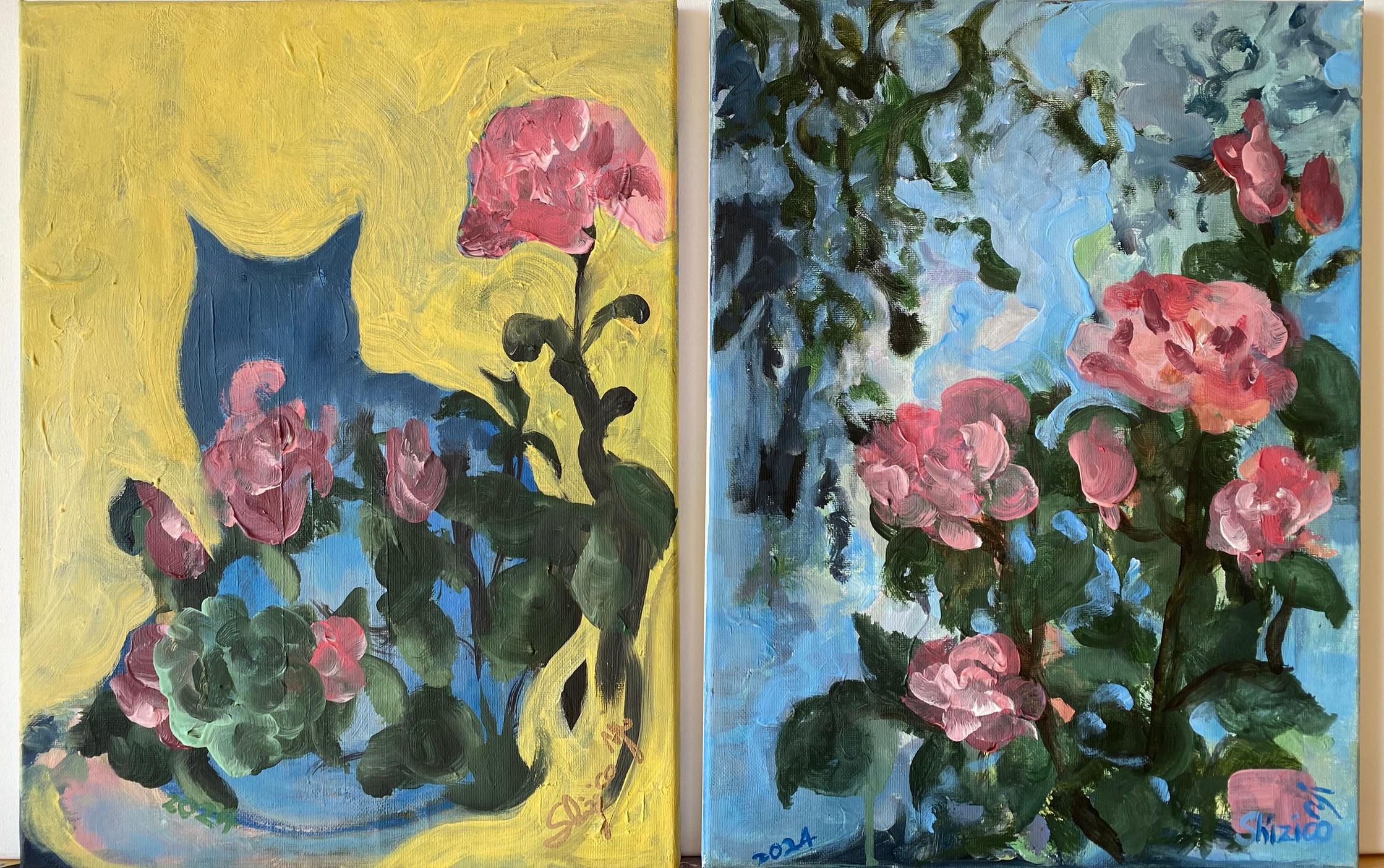 Abstract Painting Shizico Yi - Diptyque original La Vie en Rose-British School-British Award Artist-Summer Bloom