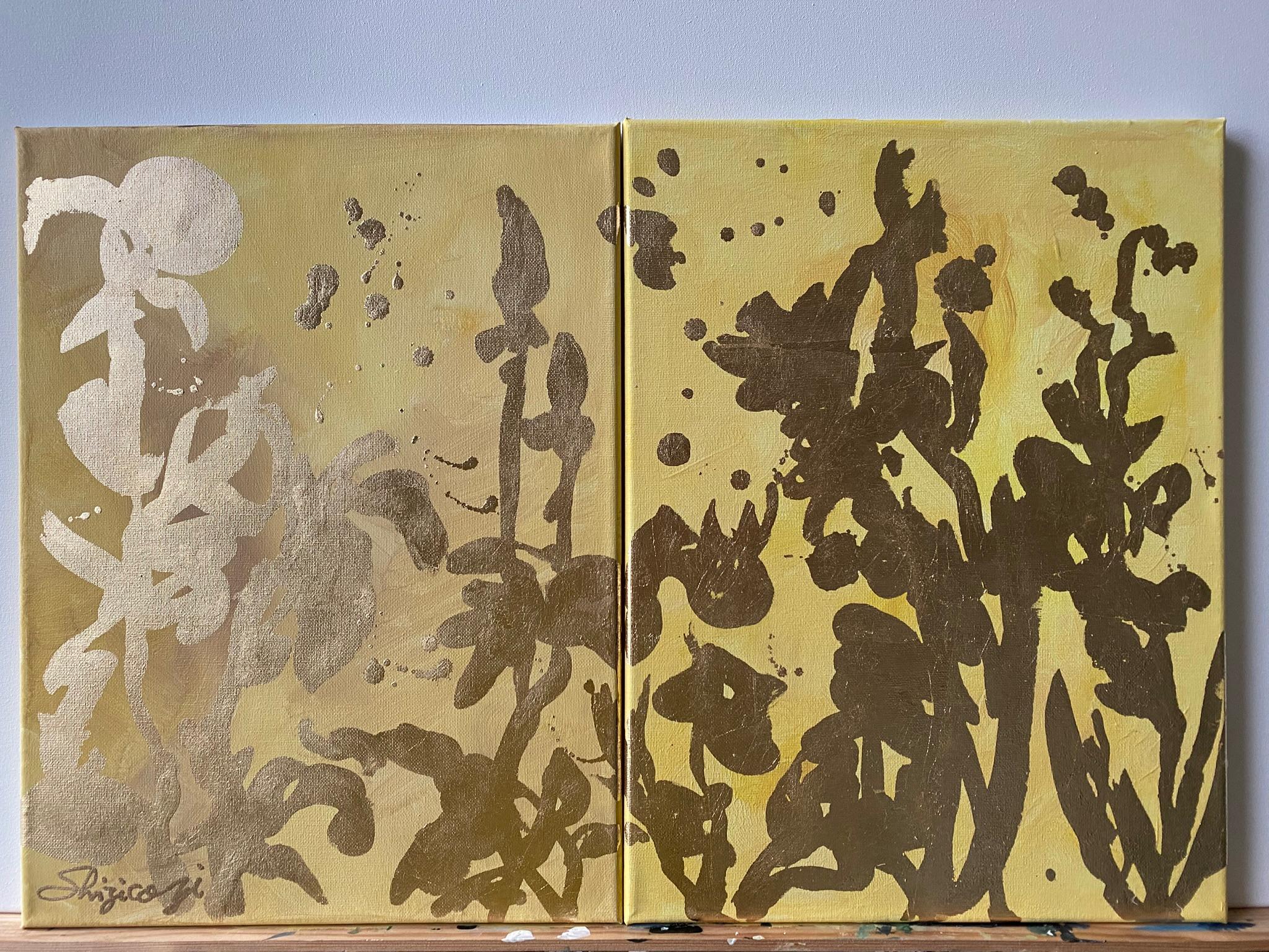 Original Diptych-Landscape Memories-Gold Leaf with Oil-British Awarded Artist - Painting by Shizico Yi