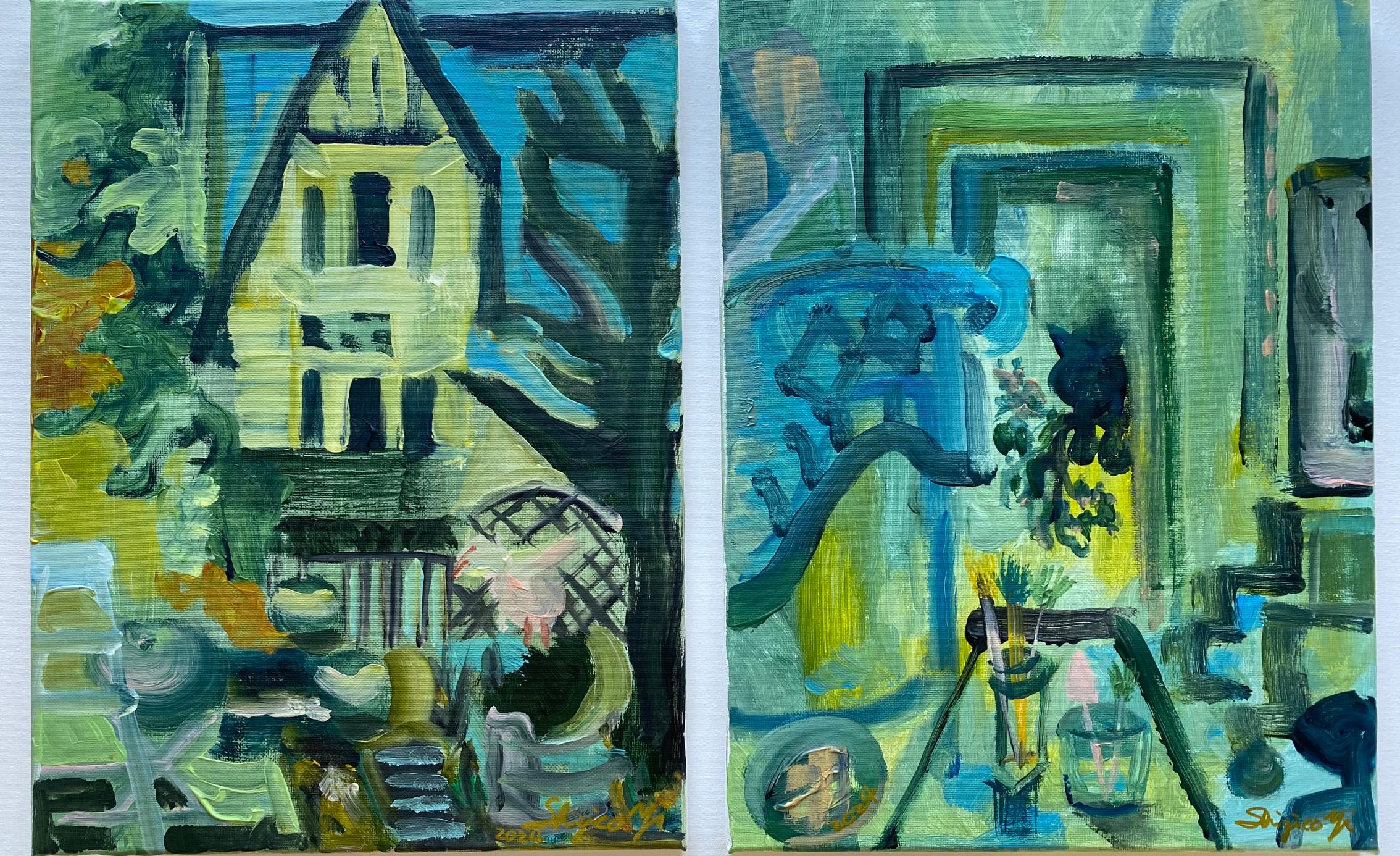 Shizico Yi Abstract Painting – Original Diptychon-Spring Duet II-British Awarded Artist-abstrakte Landschaftslandschaft-Öl