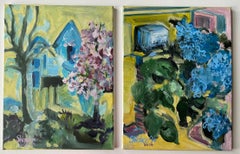 Diptyque du printemps Duet III, artiste britannique, paysage abstrait à l'huile